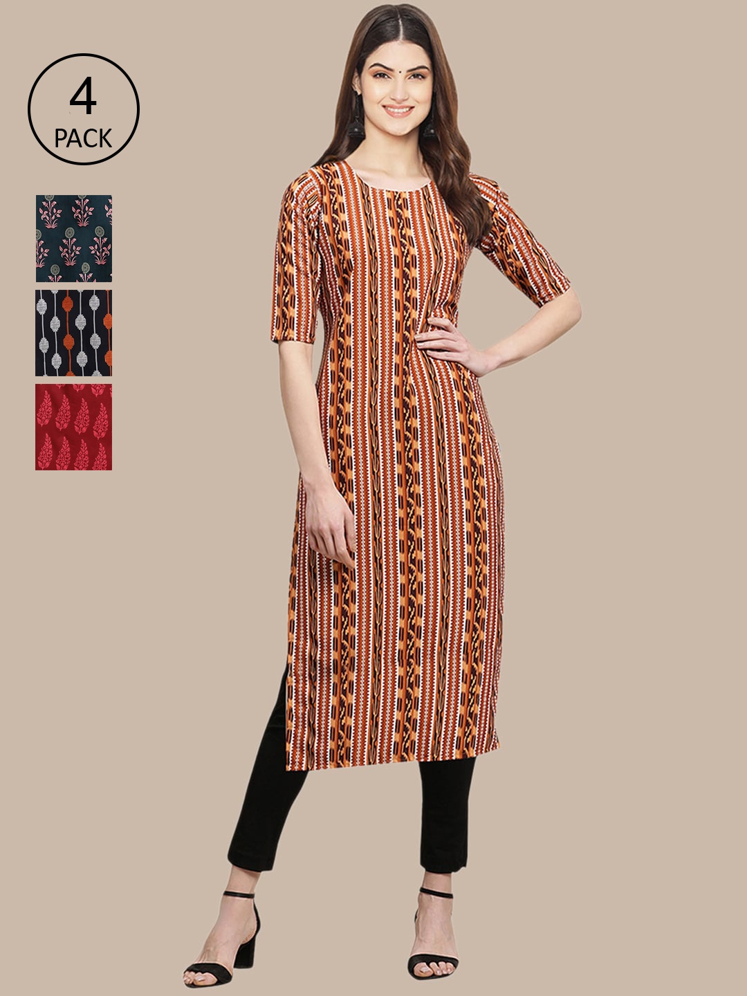 

Ethnic basket Women Pack of 4 Brown & Green Floral Printed Crepe Kurta