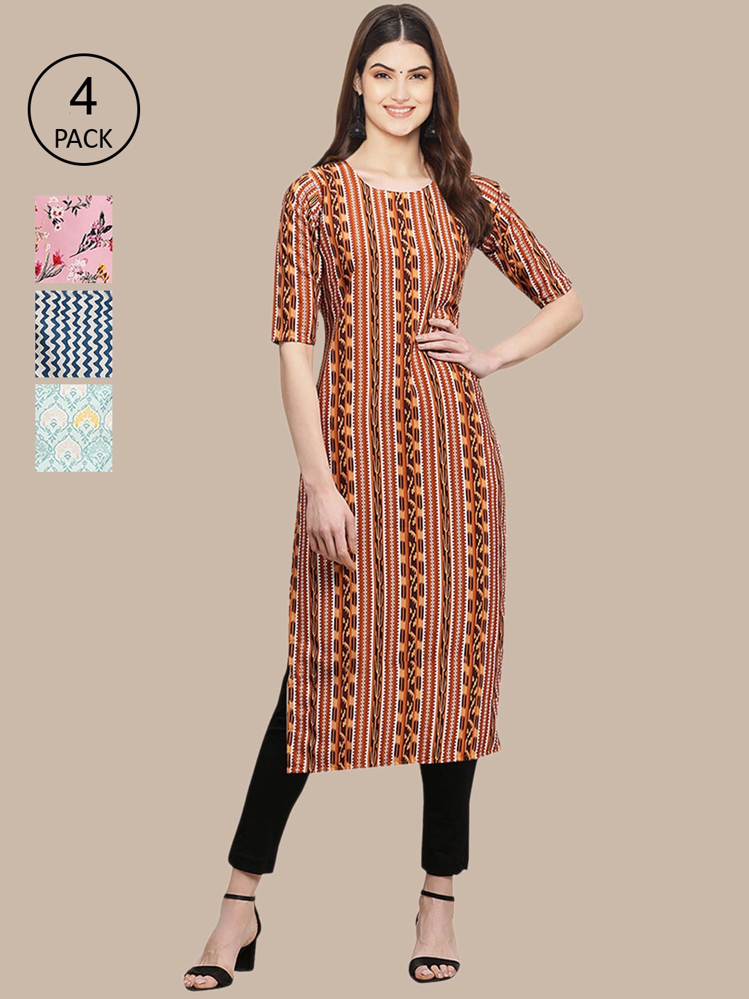 

Ethnic basket Women Pack of 4 Pink & Blue Floral Printed Crepe Kurta