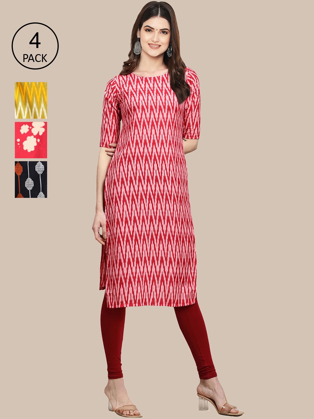 

Ethnic basket Women Pack of 4 Red & Mustard Yellow Floral Printed Crepe Kurta