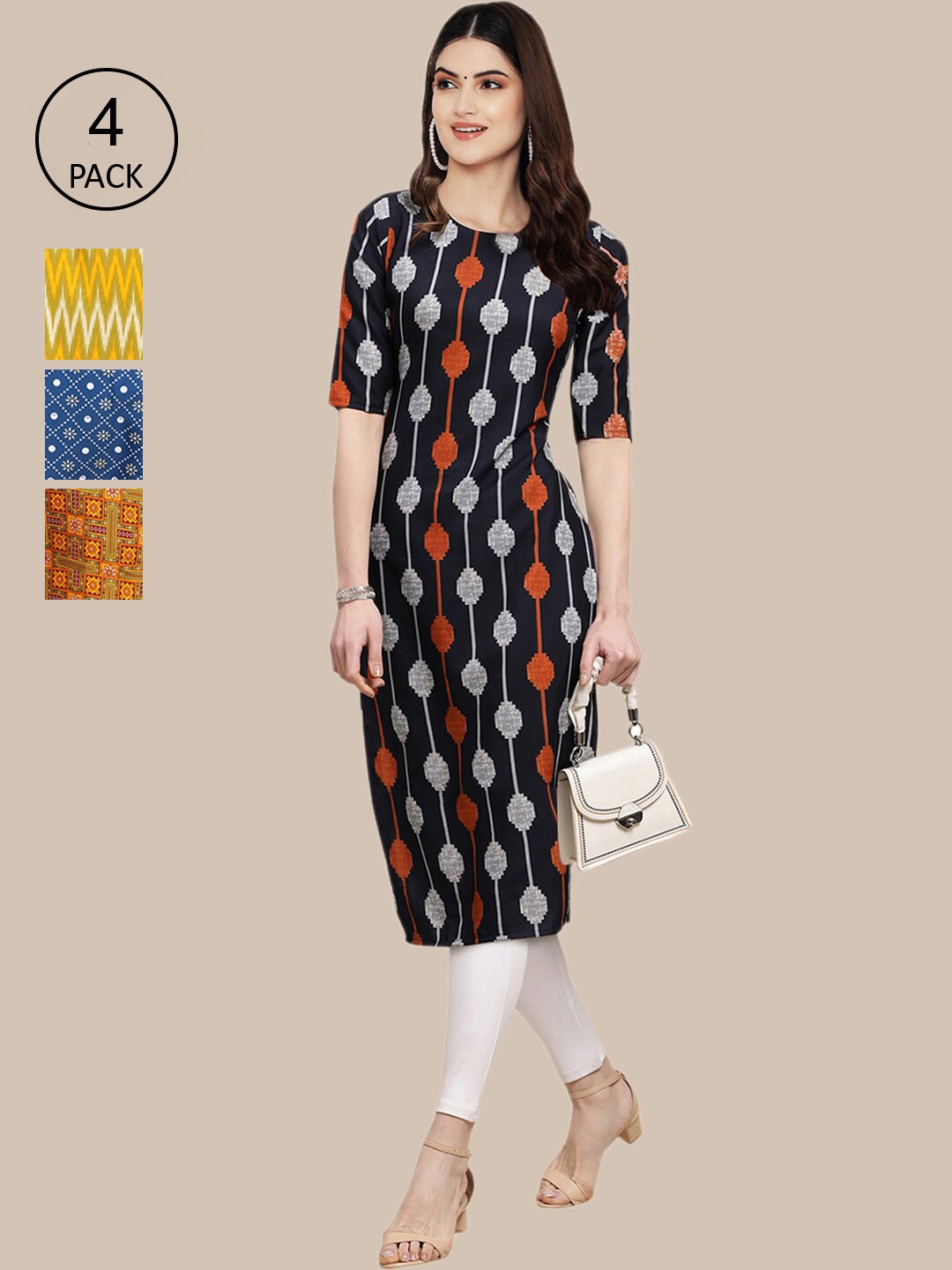 

Ethnic basket Women Pack of 4 Black & Mustard Yellow Geometric Printed Crepe Kurta