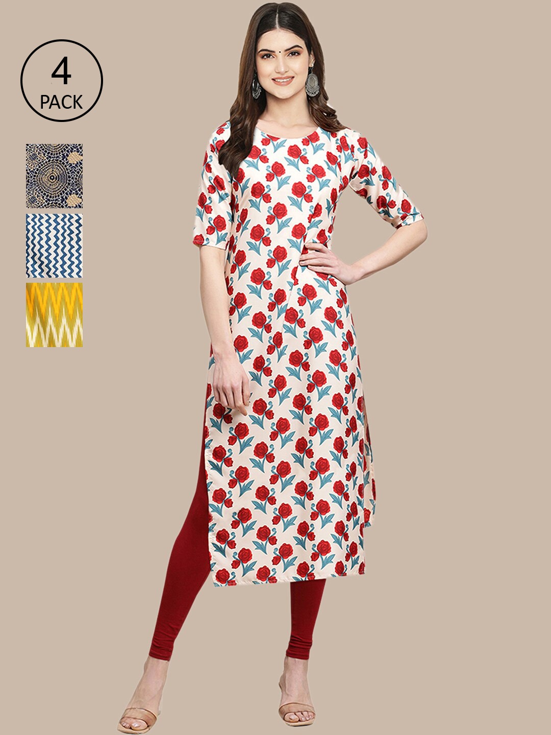 

Ethnic basket Women Pack of 4 Beige & Green Floral Printed Crepe Kurta