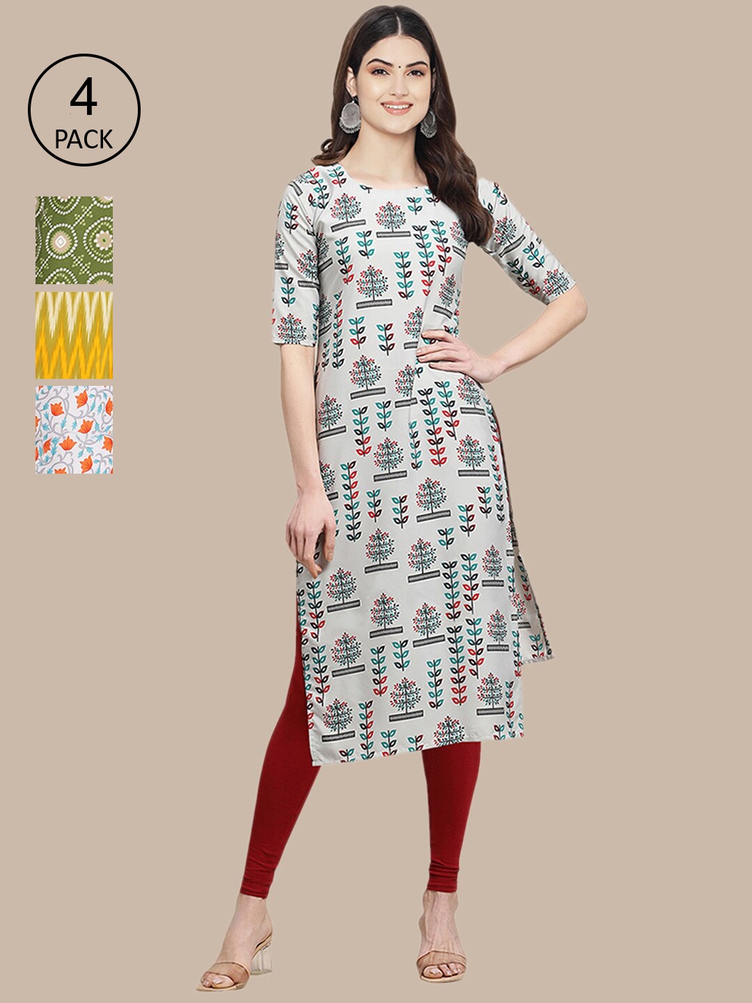 

Ethnic basket Women Pack of 4 Grey & Green Floral Printed Crepe Kurta