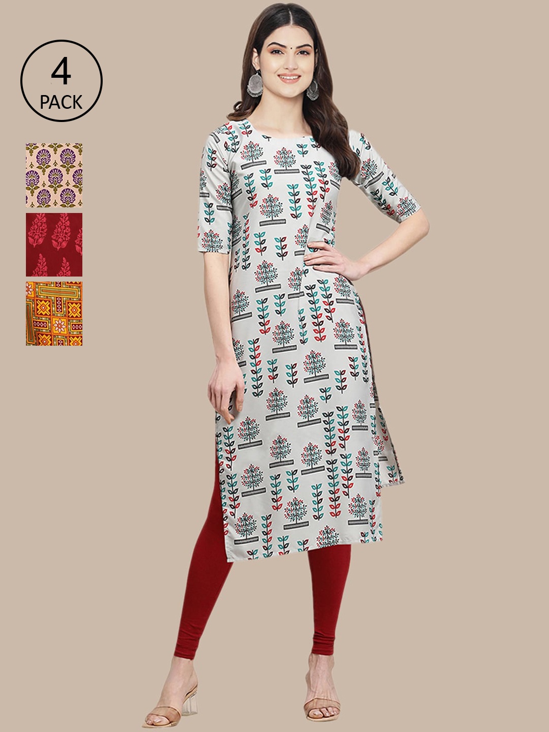 

Ethnic basket Women Pack of 4 Grey & Red Floral Printed Crepe Kurta