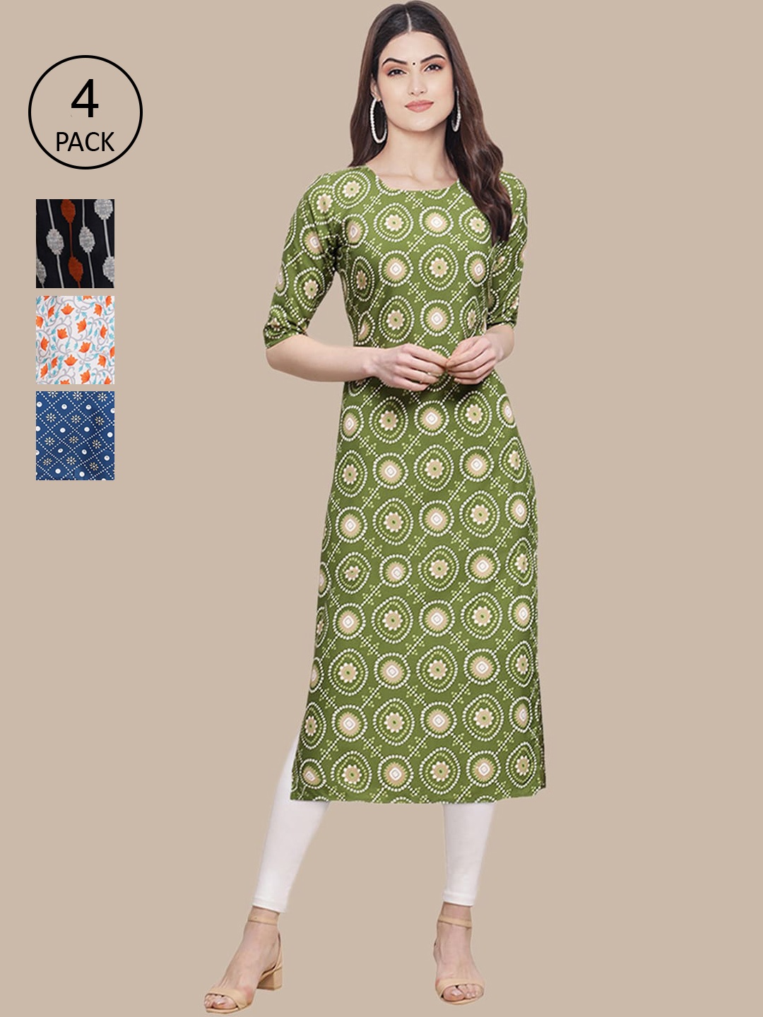 

Ethnic basket Women Pack of 4 Green & Blue Geometric Printed Crepe Kurta