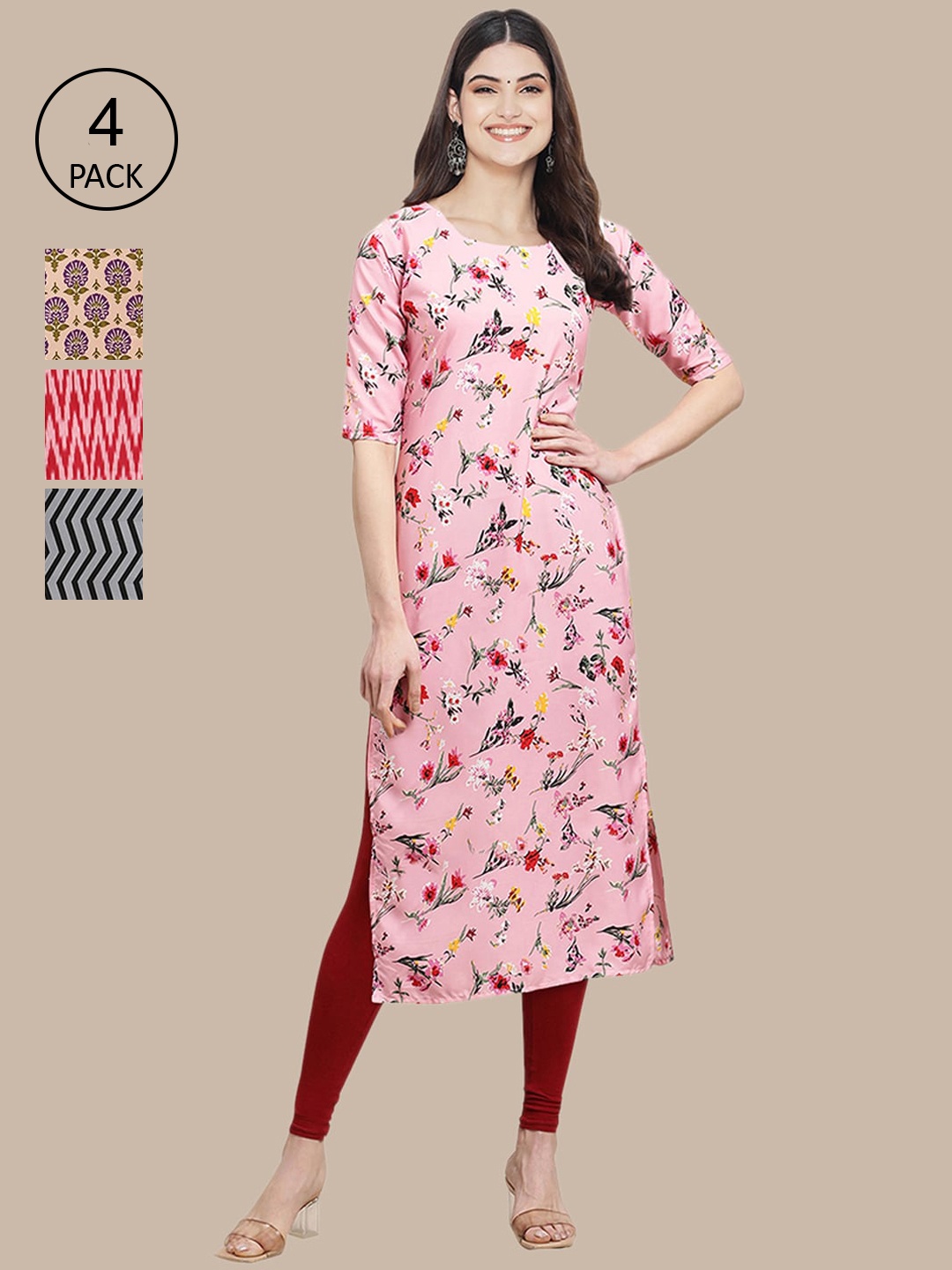 

Ethnic basket Women Pack of 4 Pink & Red Floral Printed Crepe Kurta