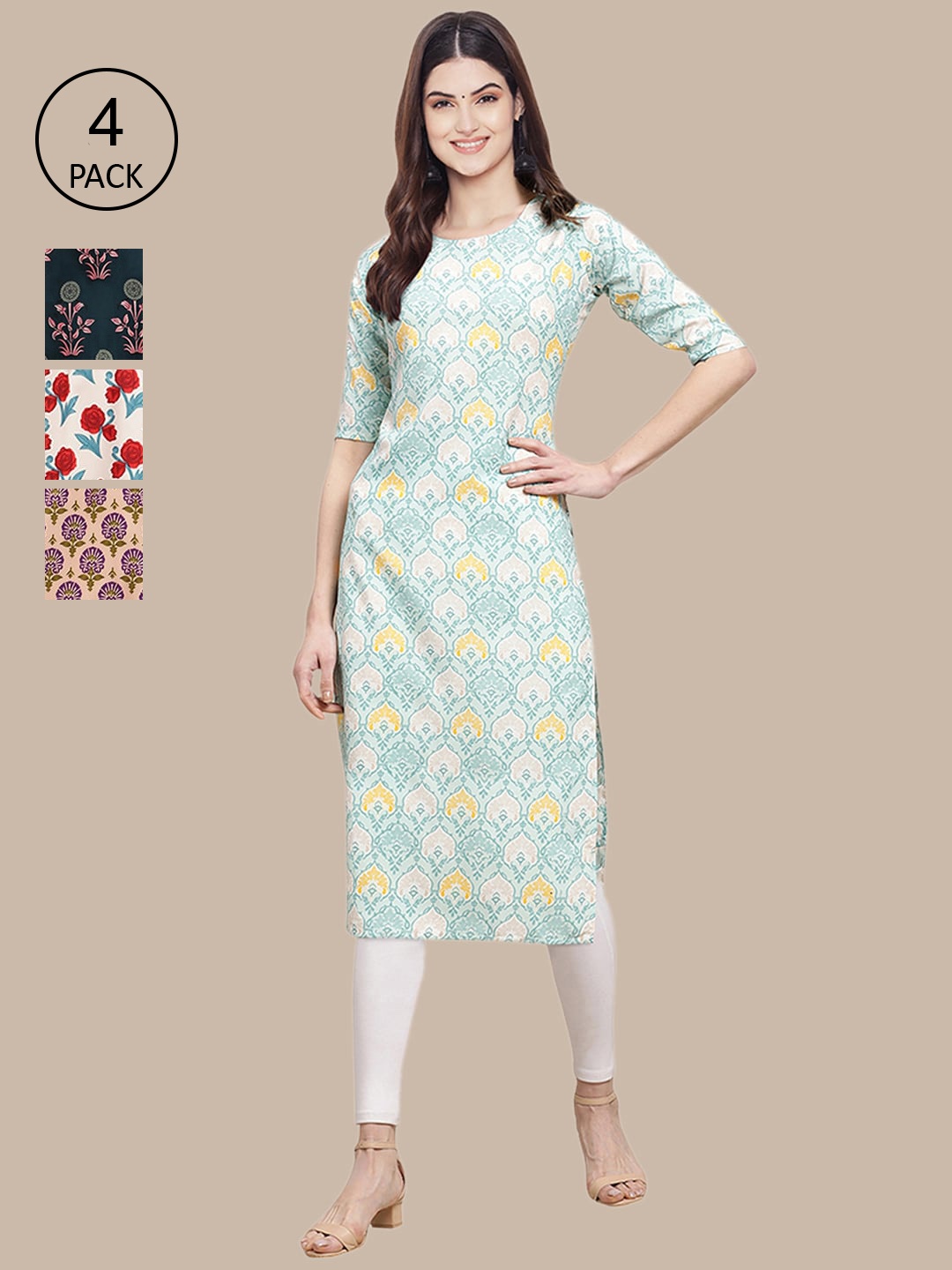 

Ethnic basket Women Pack of 4 Beige & Beige Floral Printed Crepe Kurta