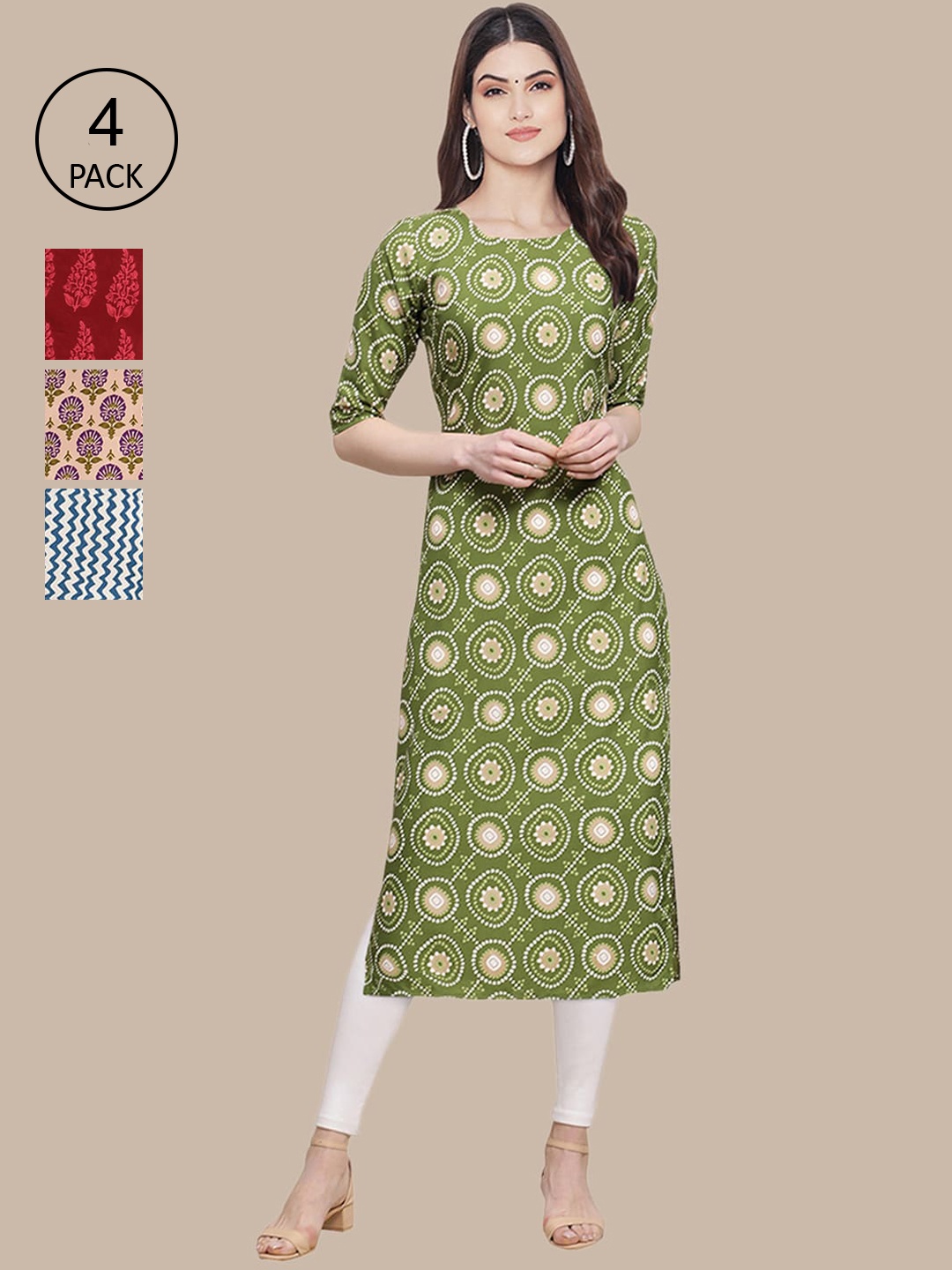 

Ethnic basket Pack of 4 Women Ethnic Motifs Printed Block Print Crepe Kurta, Green