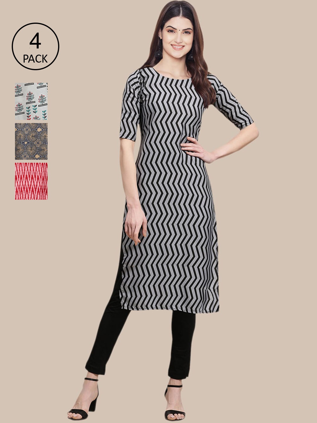 

Ethnic Basket Pack Of 4 Women Printed Crepe Kurta, Red