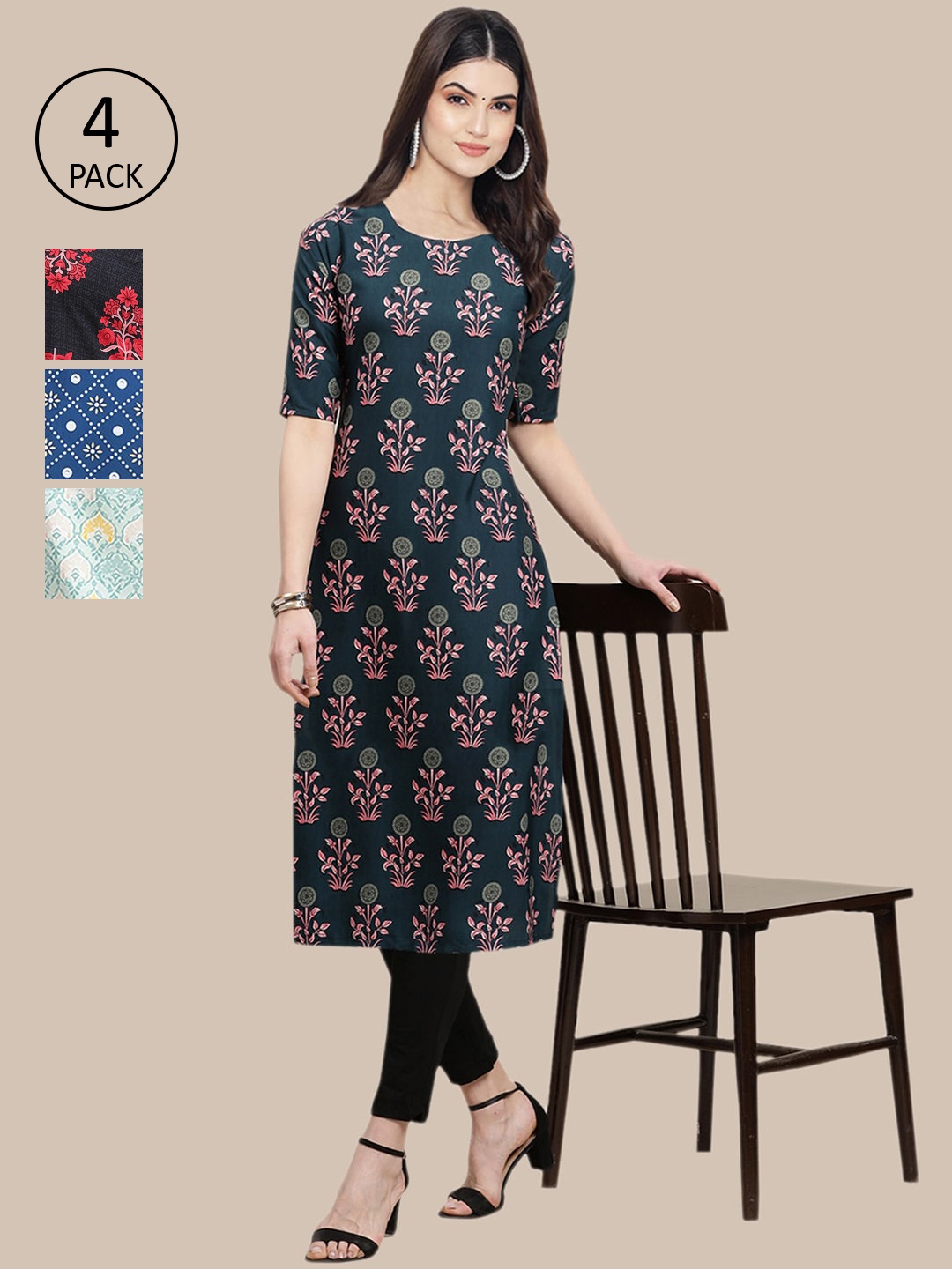 

Ethnic basket Women Pack Of 4 Multicoloured Floral Printed Crepe Kurta, Multi