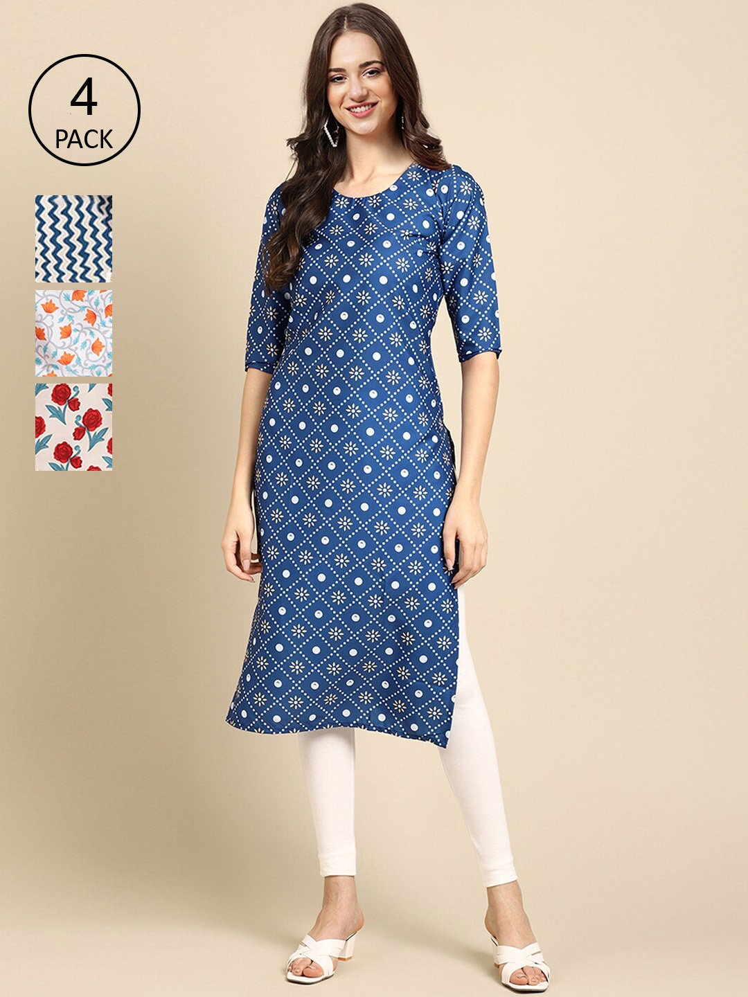 

Ethnic basket Women Pack of 4 Blue & White Geometric Printed Crepe Kurta