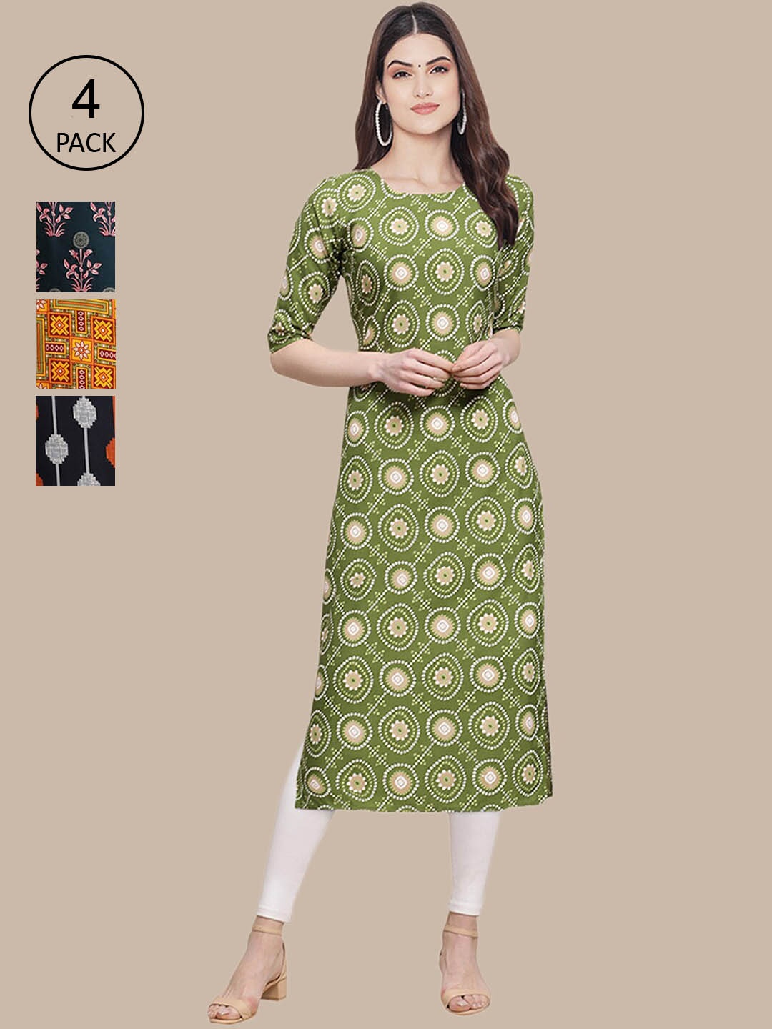 

Ethnic basket Women Pack Of 4 Yellow Floral Printed Crepe Kurta, Green