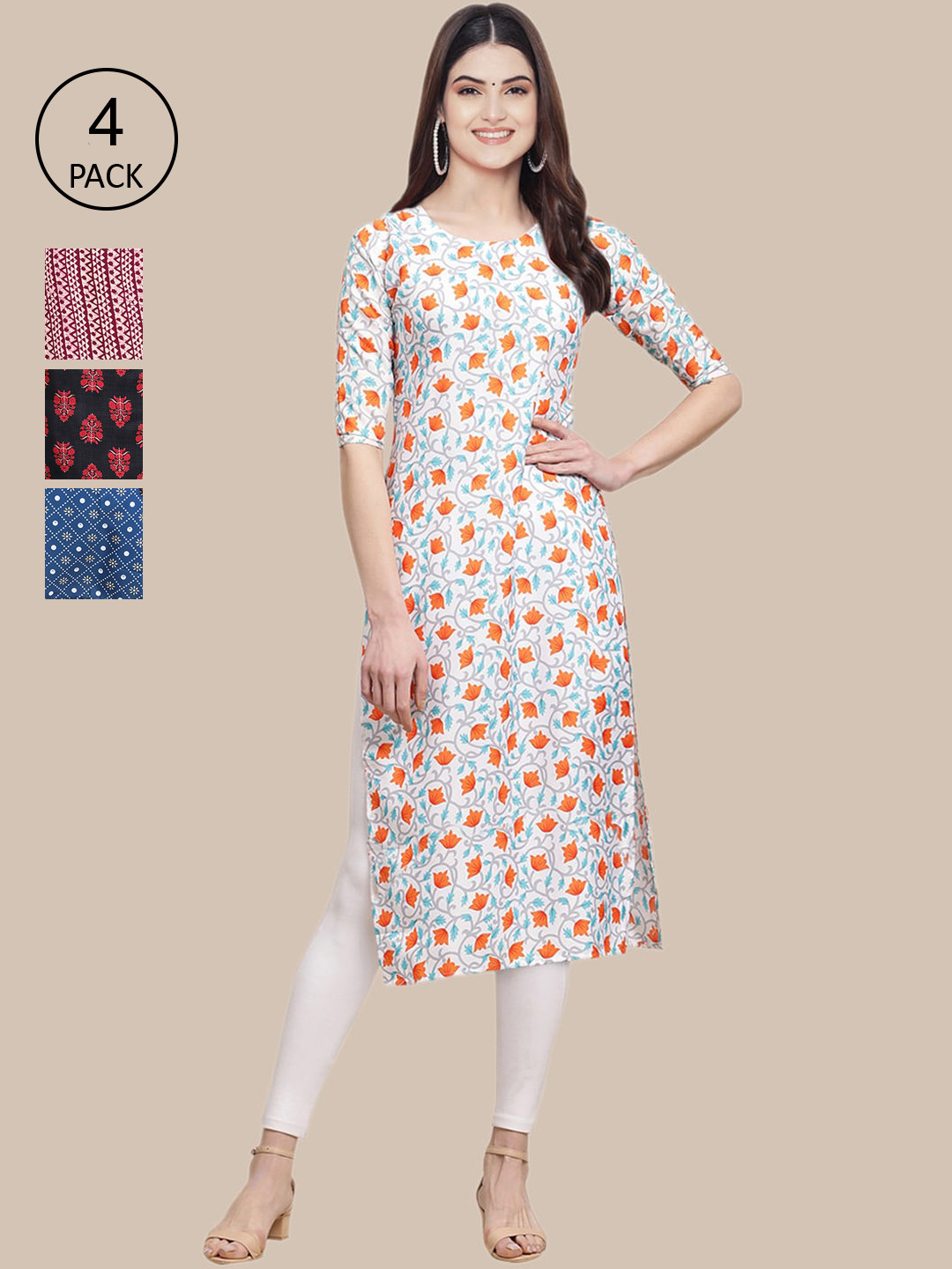 

Ethnic basket Women Pack Of 4 Ethnic Motifs Printed Block Print Crepe Kurta, Multi