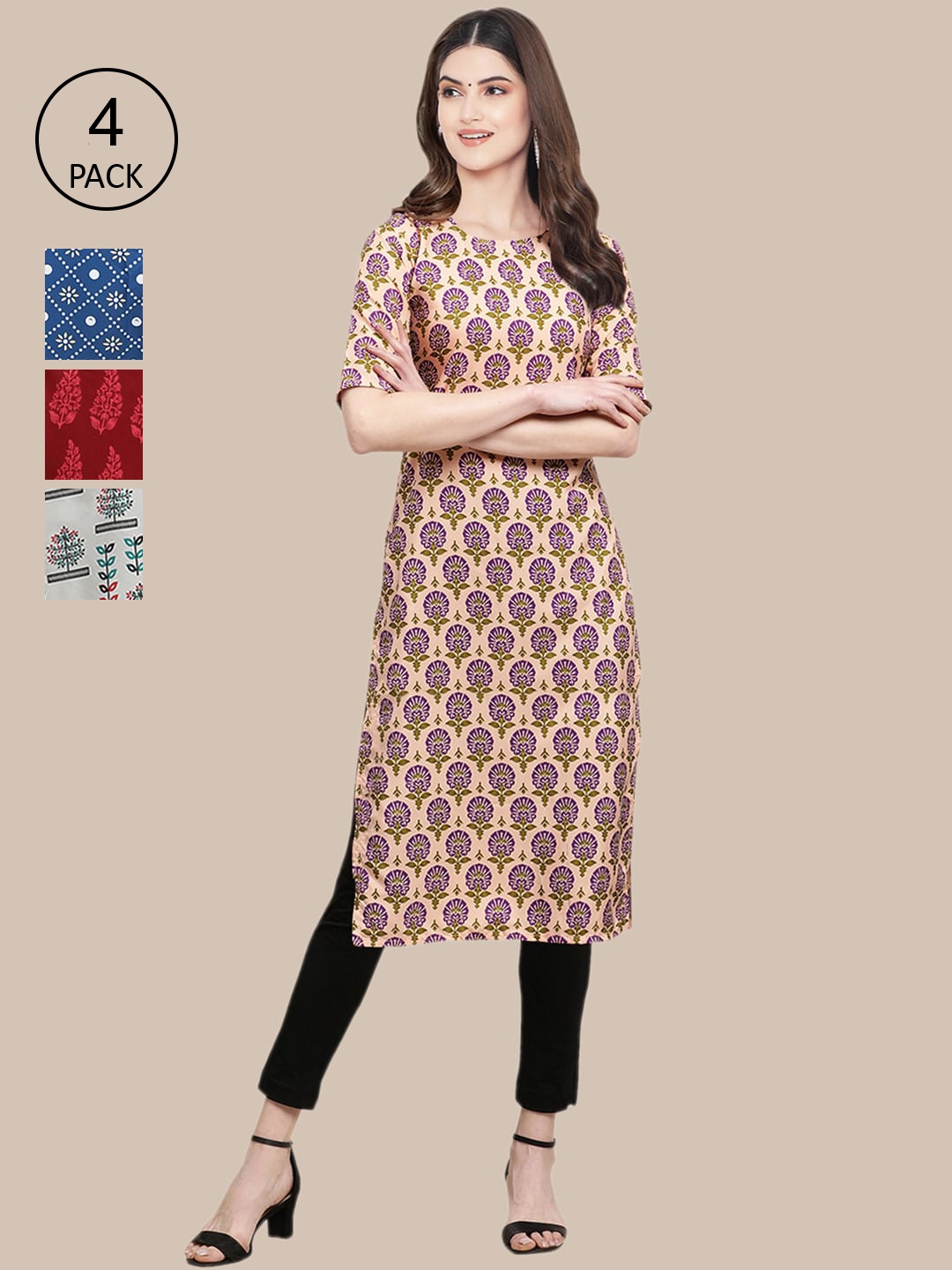 

Ethnic basket Women Pack of 4 Beige & Blue Floral Printed Crepe Kurta