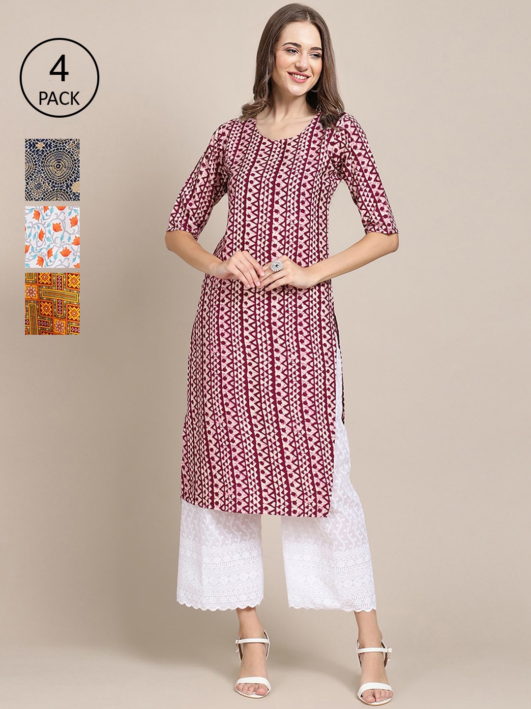 

Ethnic basket Women Pack of 4 Printed Crepe Straight Kurtas, Maroon