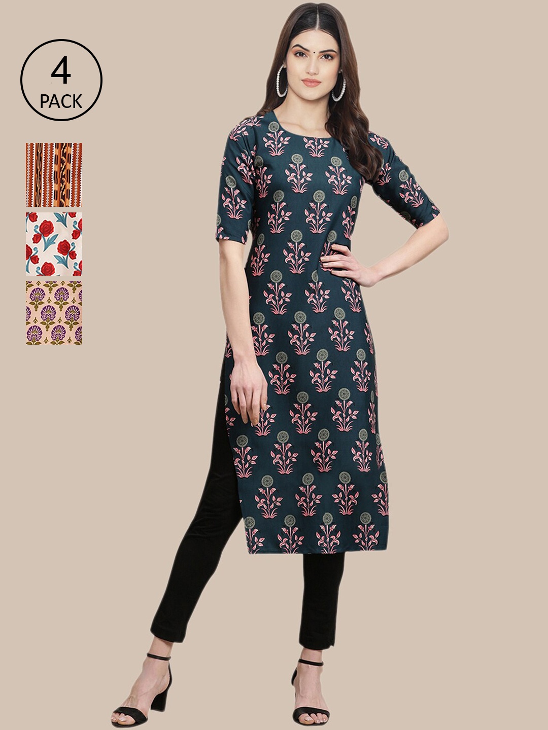 

Ethnic basket Pack of 4 Women Geometric Printed Crepe Kurta, Brown