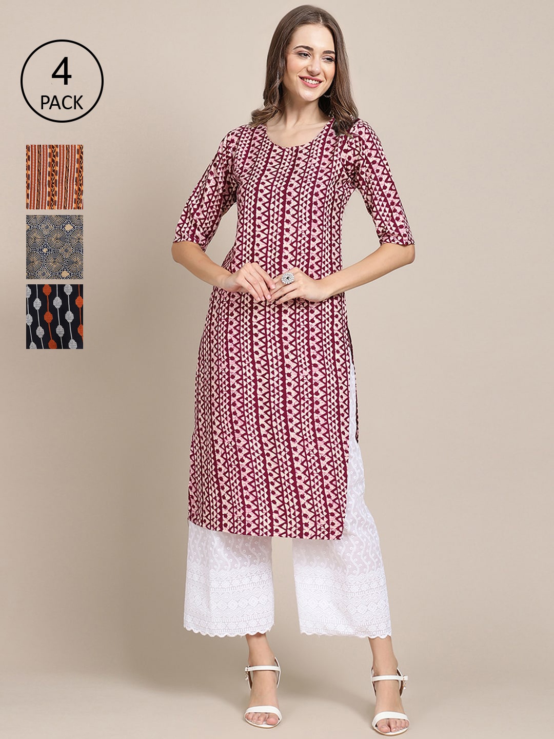 

Ethnic basket Women Pack of 4 Printed Crepe Kurtas, Maroon
