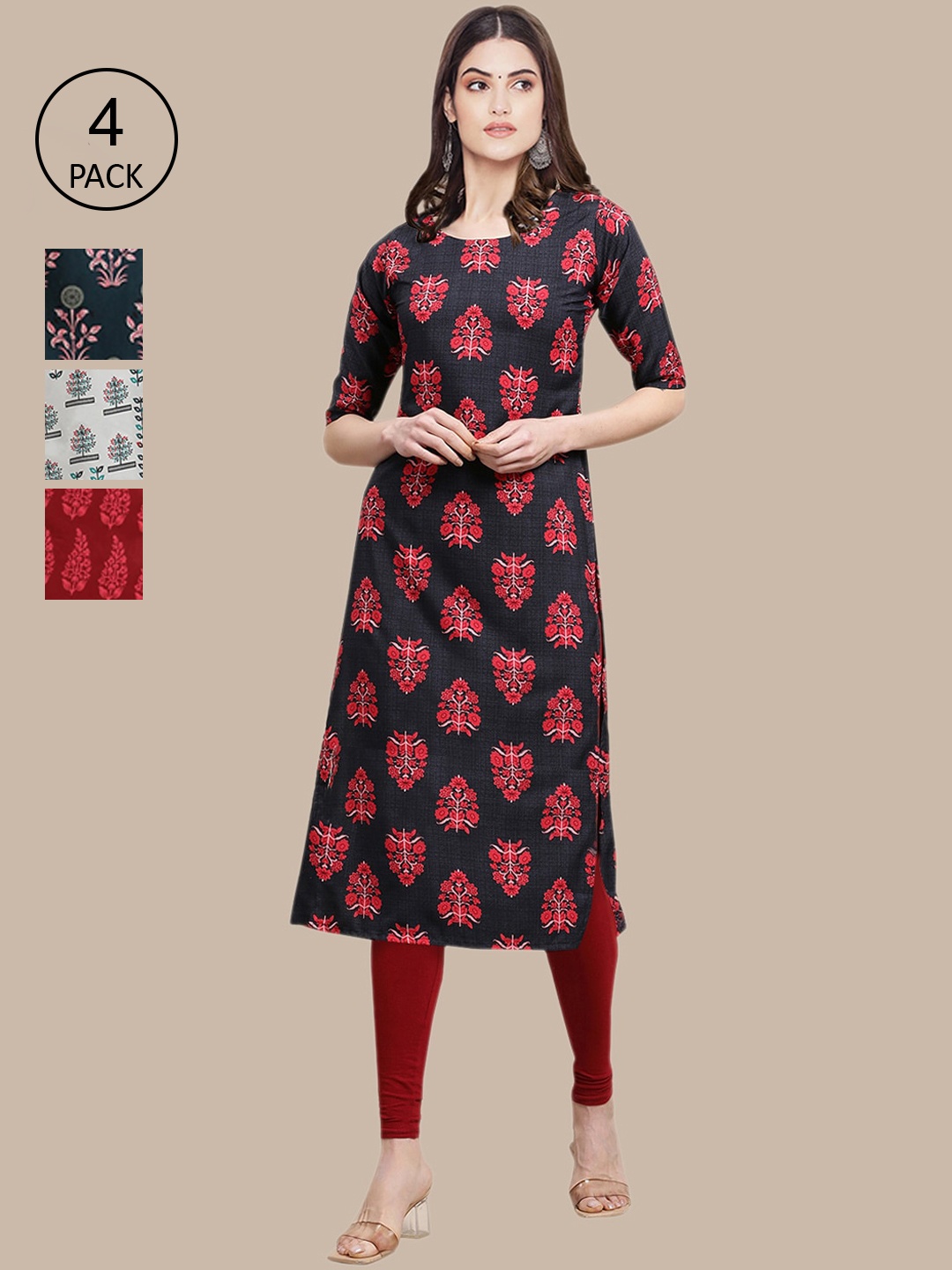 

Ethnic basket Women Pack of 4 Floral Printed Crepe Straight Kurta, Black