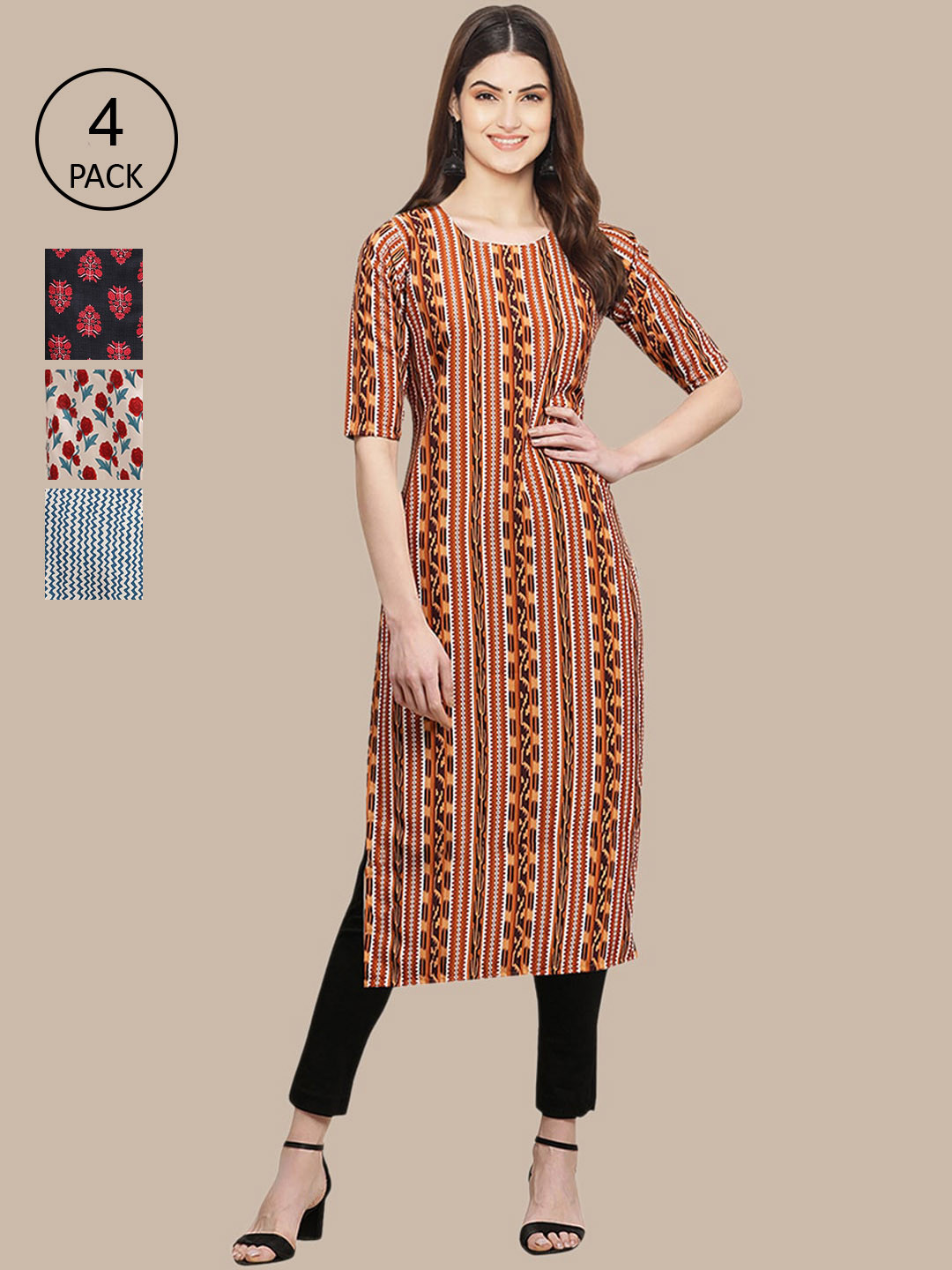 

Ethnic basket Women Pack of 4 Printed Crepe Kurtas, Brown