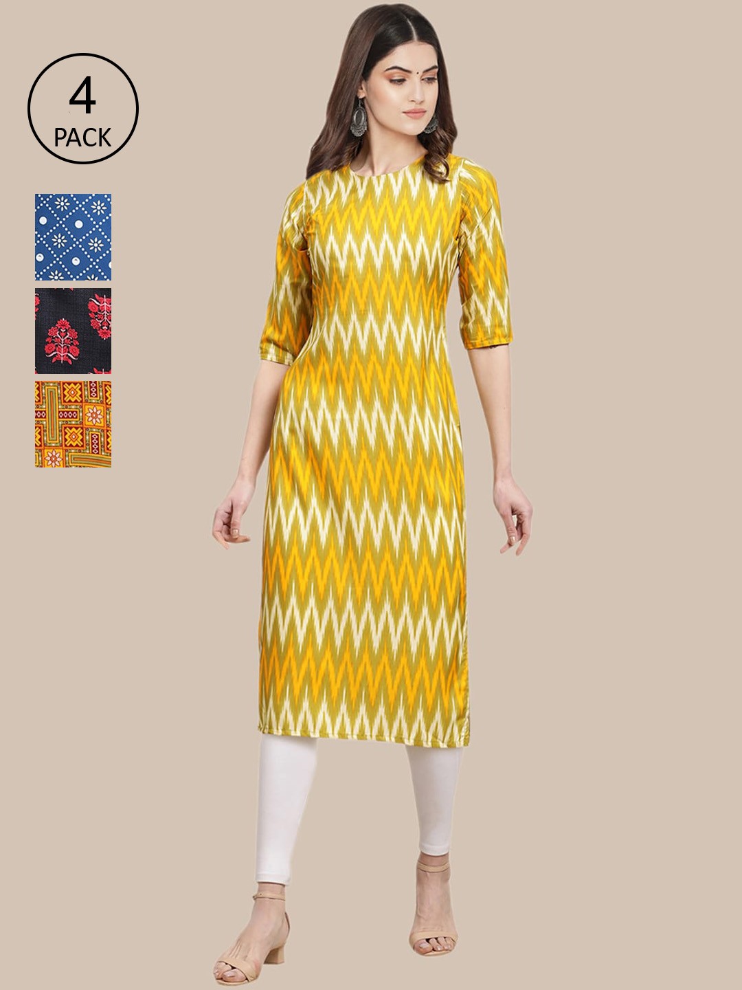 

Ethnic basket Women Pack Of 4 Ethnic Motifs Printed Crepe Kurta, Yellow