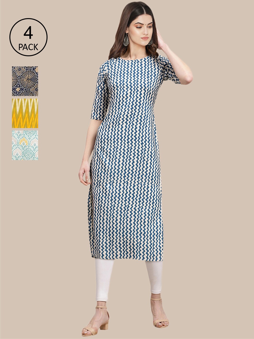 

Ethnic basket Women Pack of 4 Blue & Yellow Ethnic Motifs Printed Chikankari Crepe Kurta