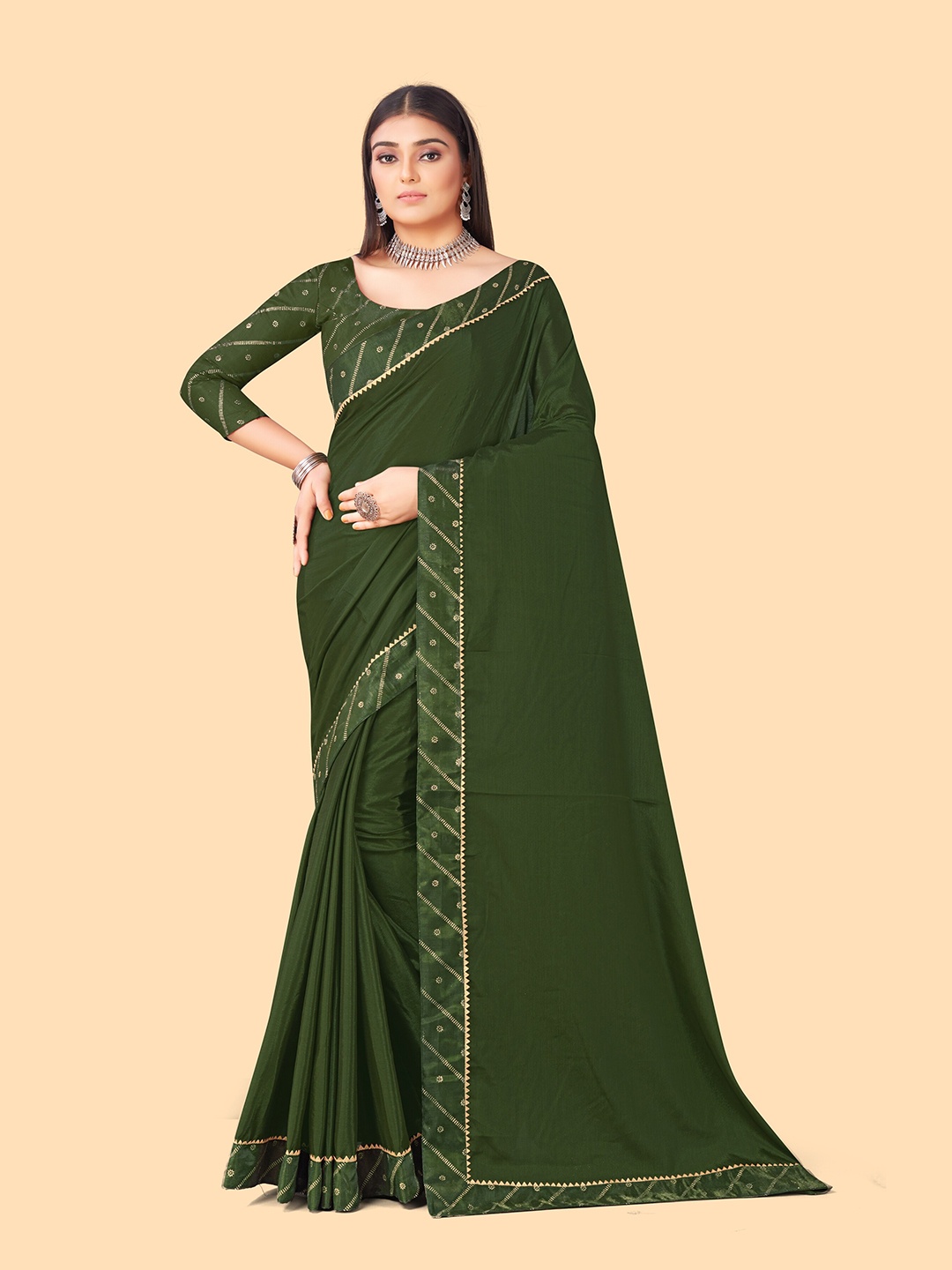 

TEREZA Olive Green Solid Embellished Border Saree