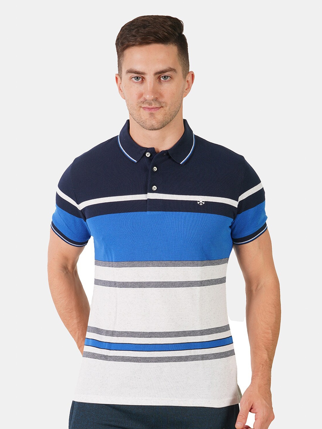 

MEMEN Men Navy Blue Striped Polo Collar Cotton T-shirt