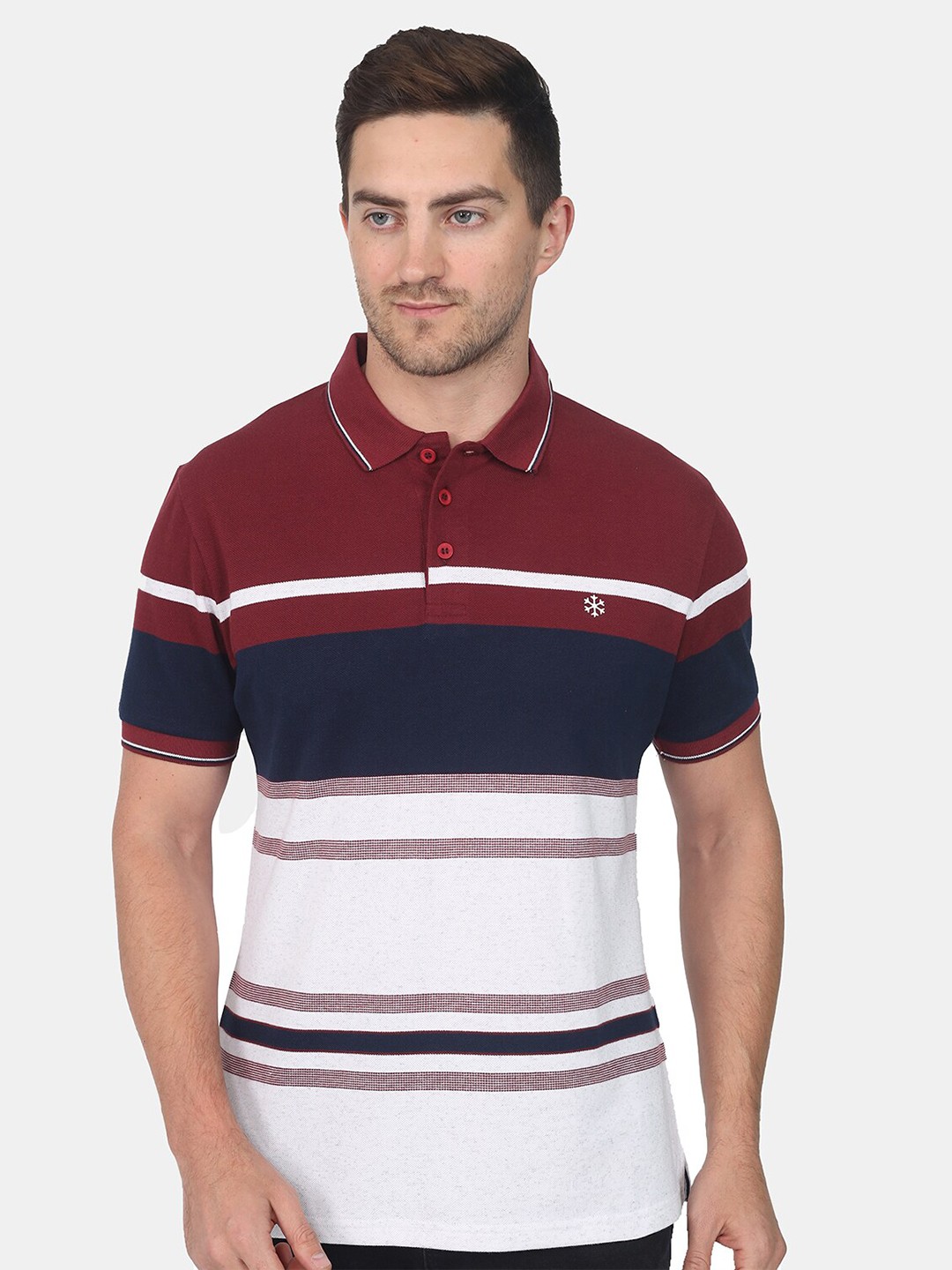 

MEMEN Men Maroon Striped Polo Collar T-shirt