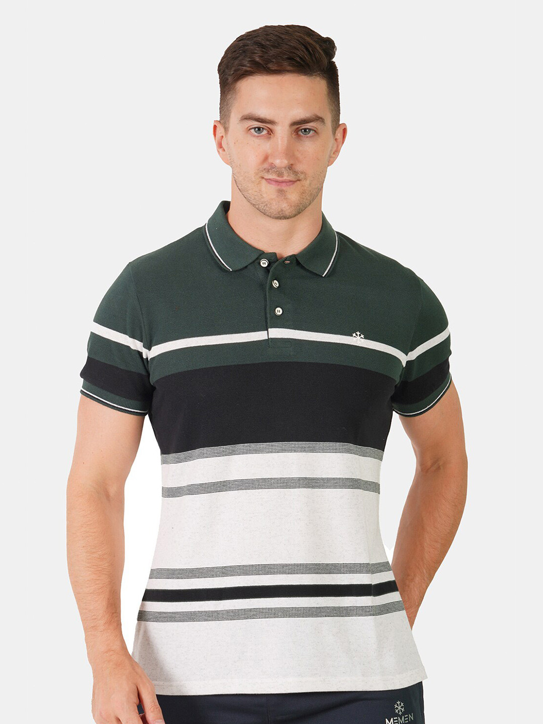 

MEMEN Men Olive Green Striped Polo Collar T-shirt