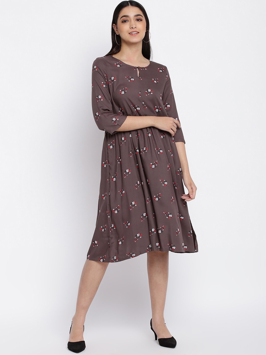 

abof Grey Floral Keyhole Neck Midi Dress