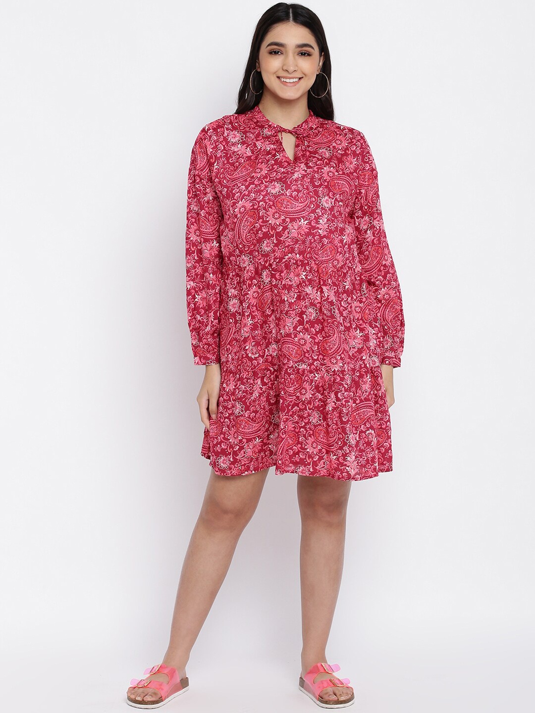 

abof Red Floral Tie-Up Neck Dress