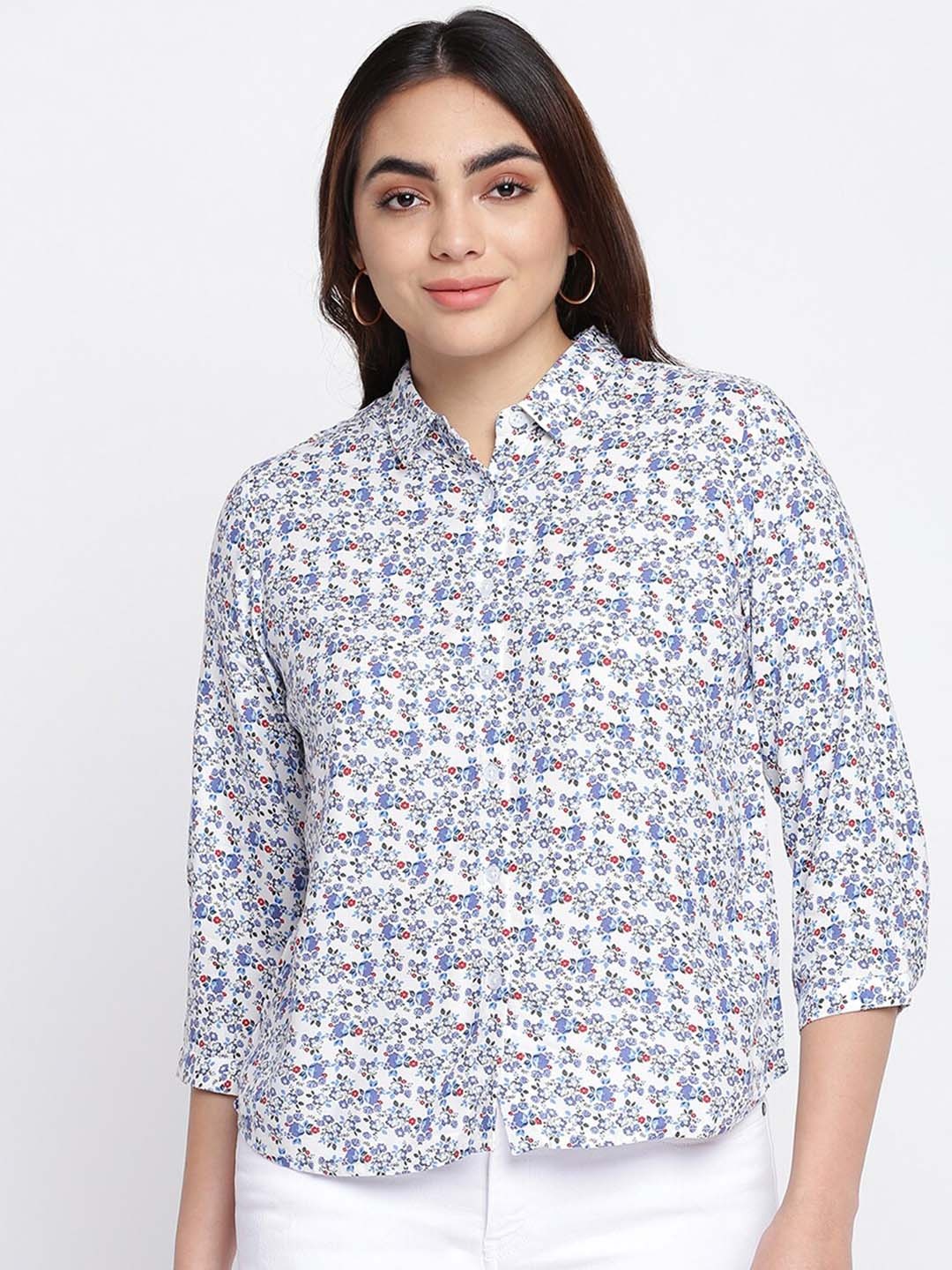 

abof Women White & Blue Floral Print Shirt Style Top