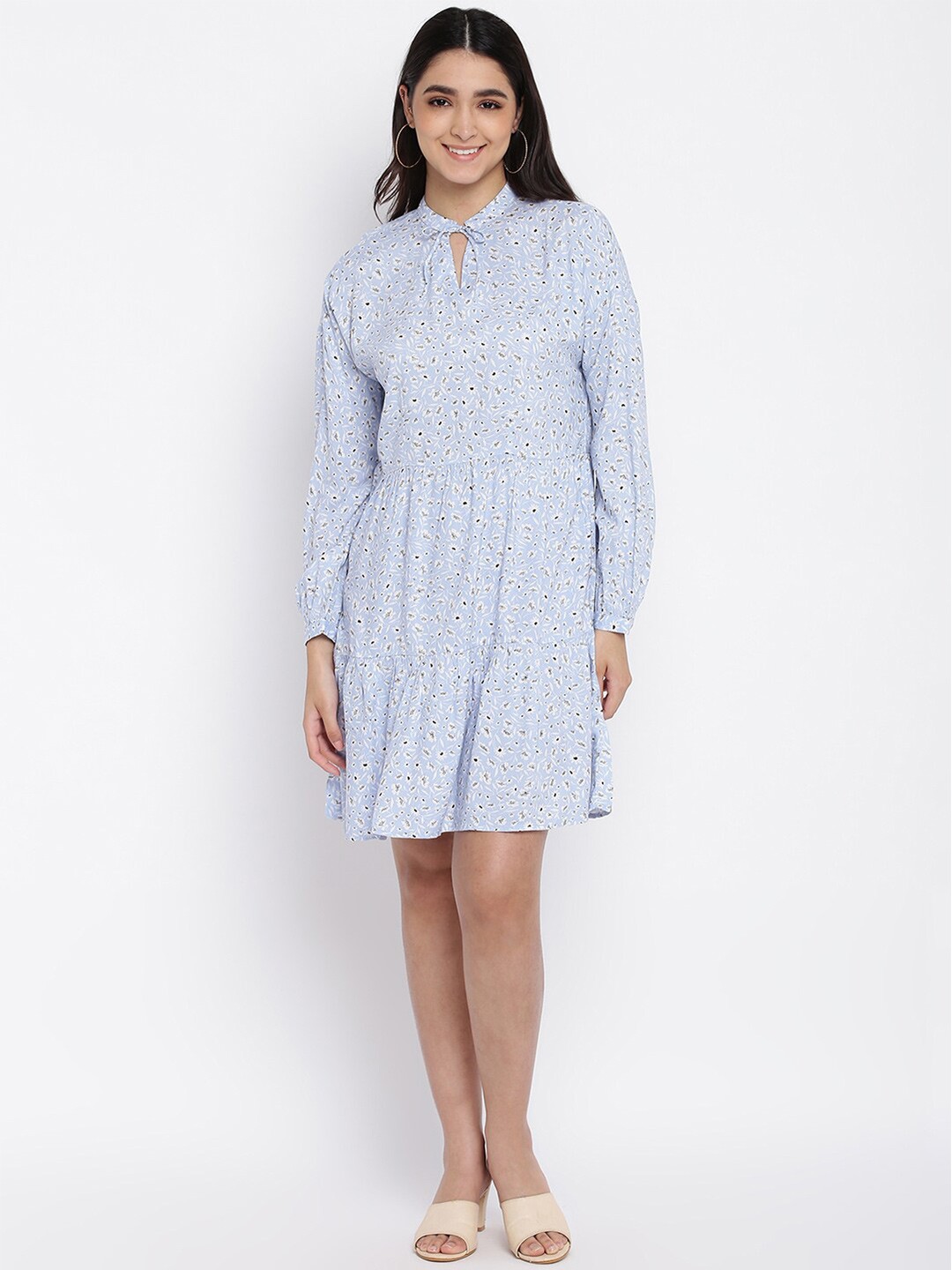 

abof Women Blue Floral Tie-Up Neck Dress