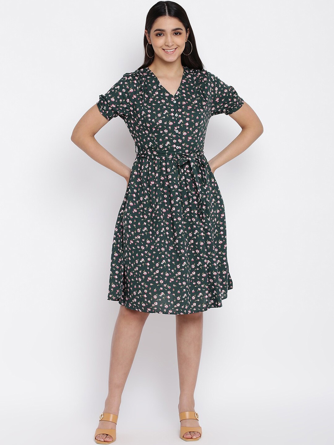 

abof Women Olive Green Floral Dress