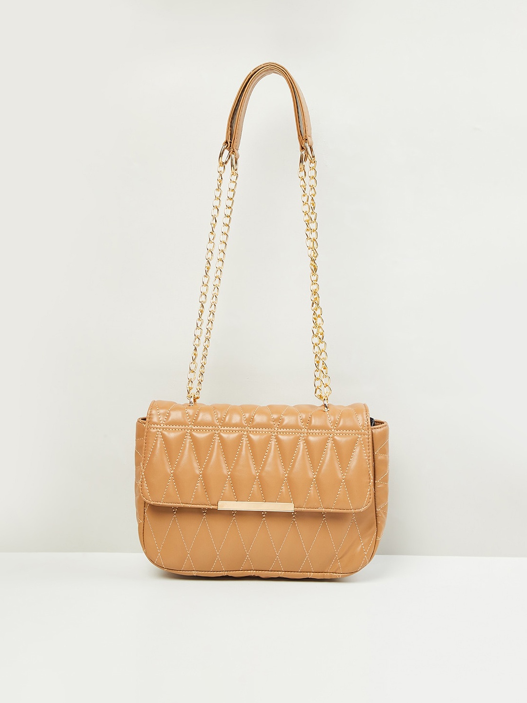

max Women Textured Flap Closure Satchel Bag with Quilted Detail, Beige