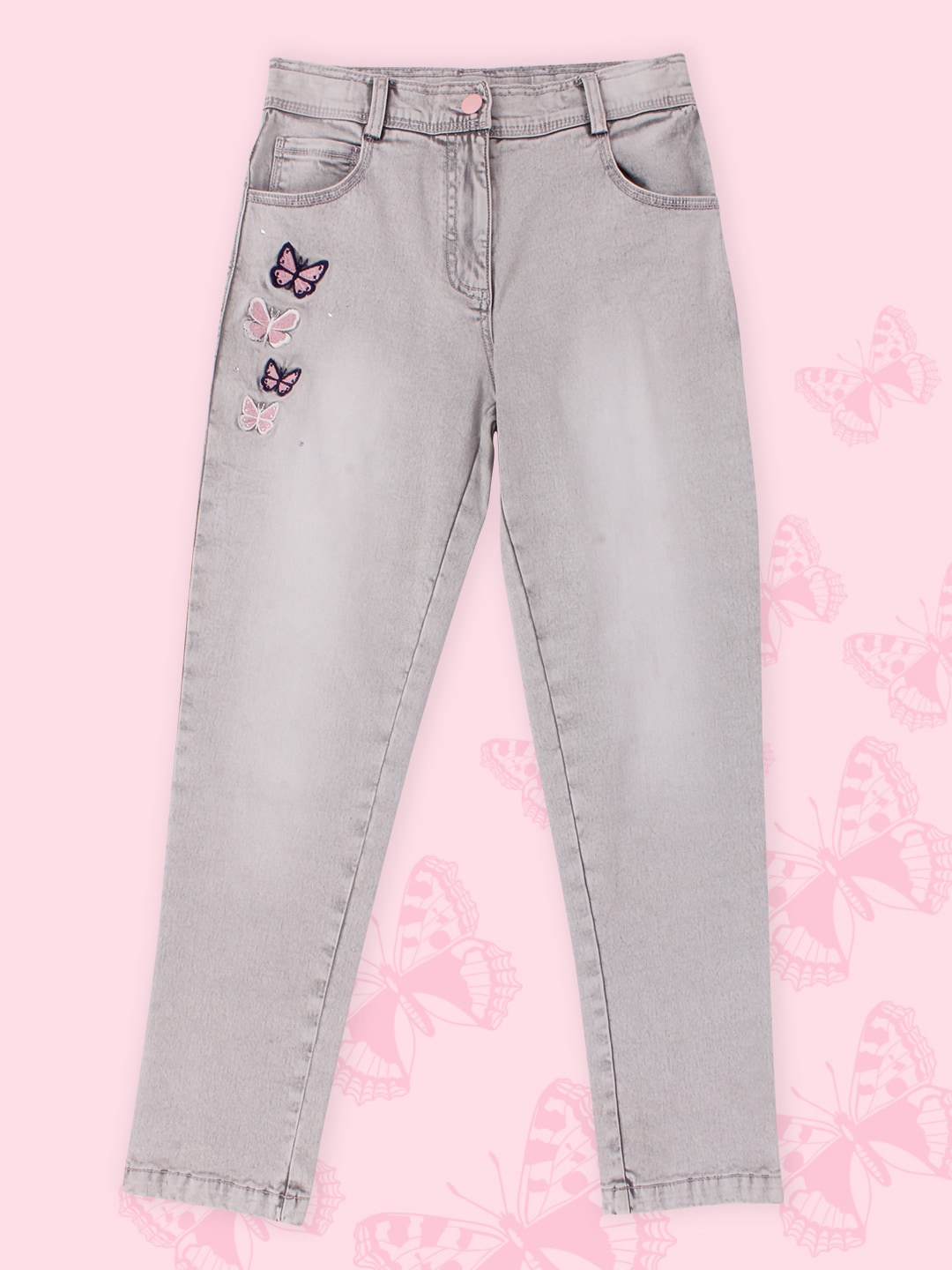 

CUTECUMBER Girls Grey Light Fade Embroidered Stretchable Jeans