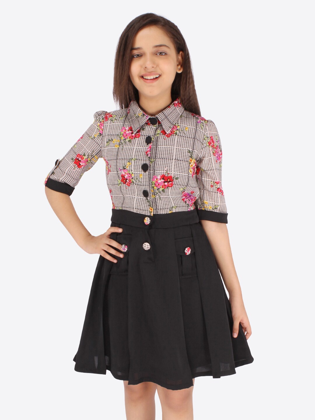 

CUTECUMBER Black & Grey Floral Georgette Dress