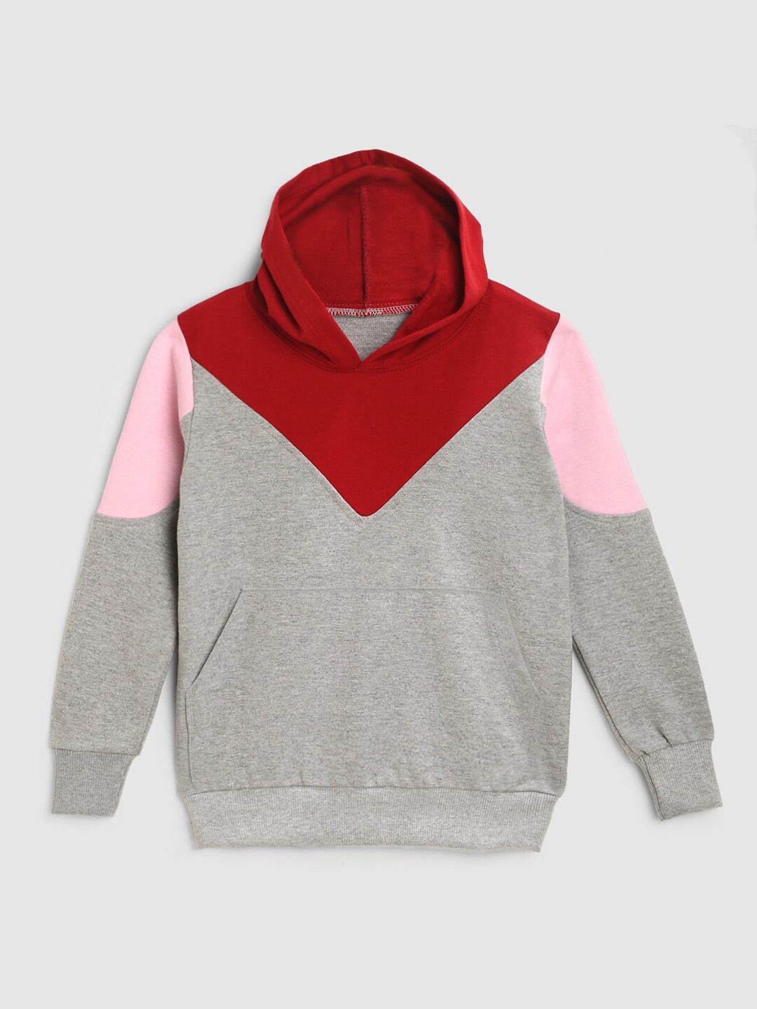 

HERE&NOW Girls Grey & Red Colourblocked Hooded Sweatshirt