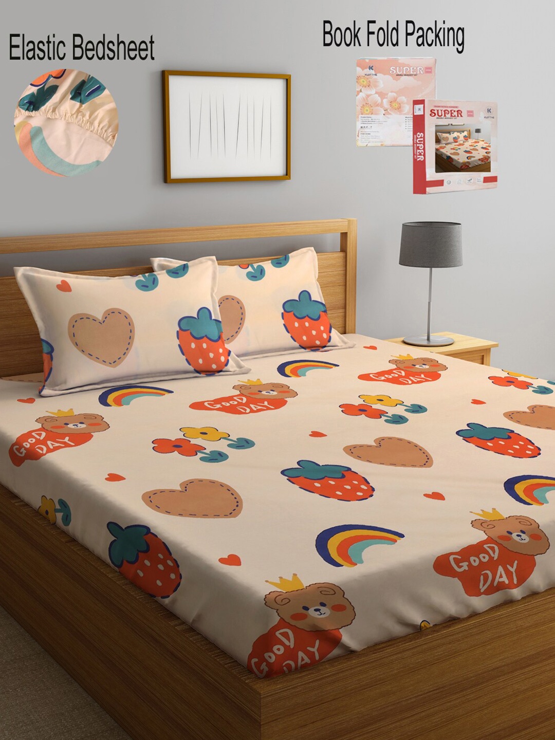 

KLOTTHE Beige & Orange 300 TC Fitted Printed King Bedsheet with 2 Pillow Covers