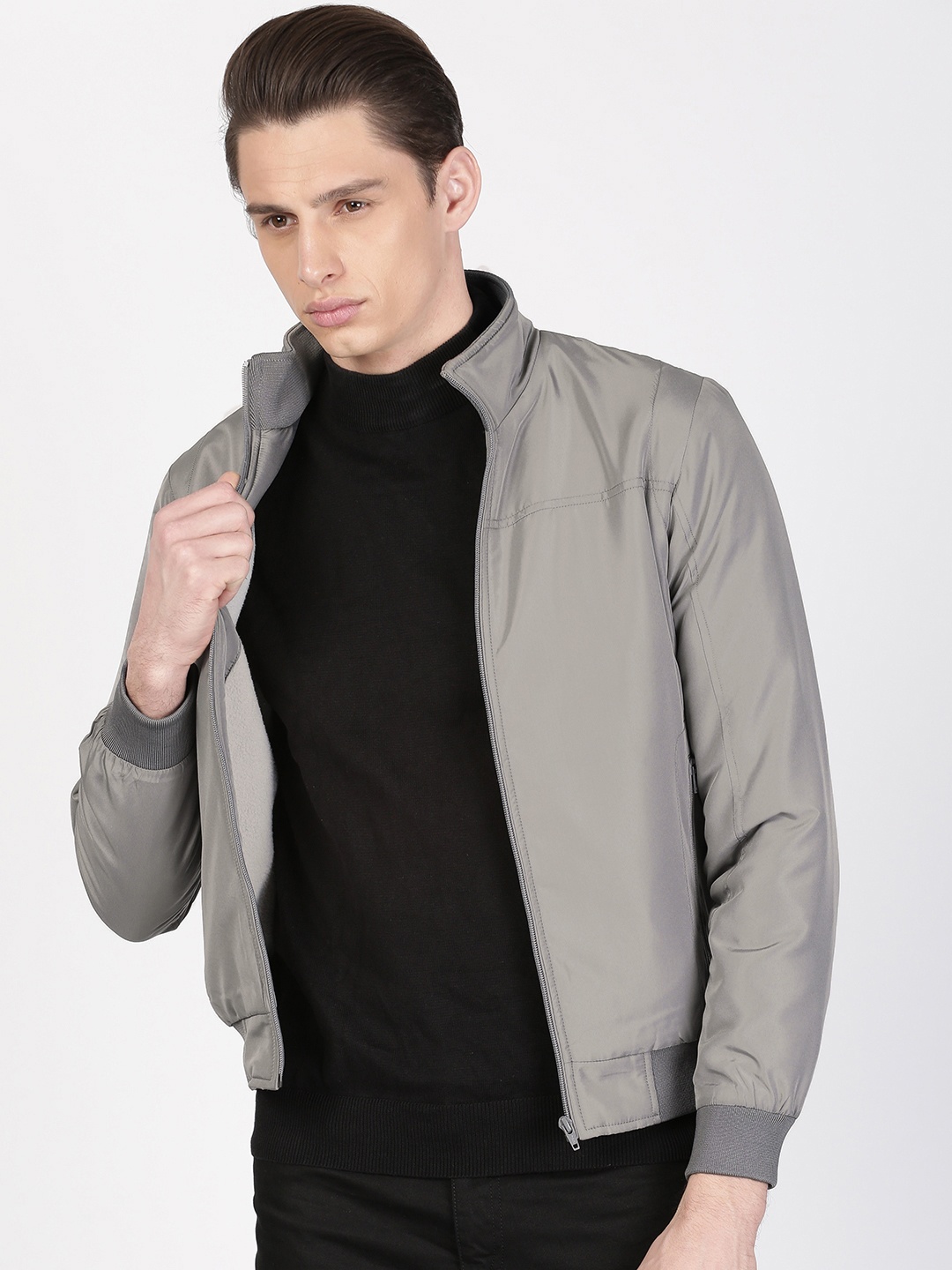 

ether Men Grey Solid Bomber Jacket