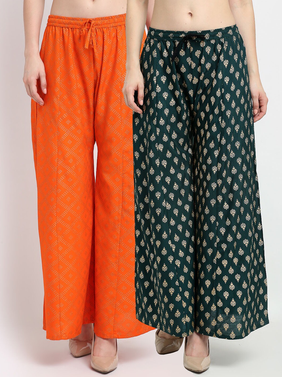 

GRACIT Women Pack of 2 Orange & Green Ethnic Motifs Printed Knitted Ethnic Palazzos