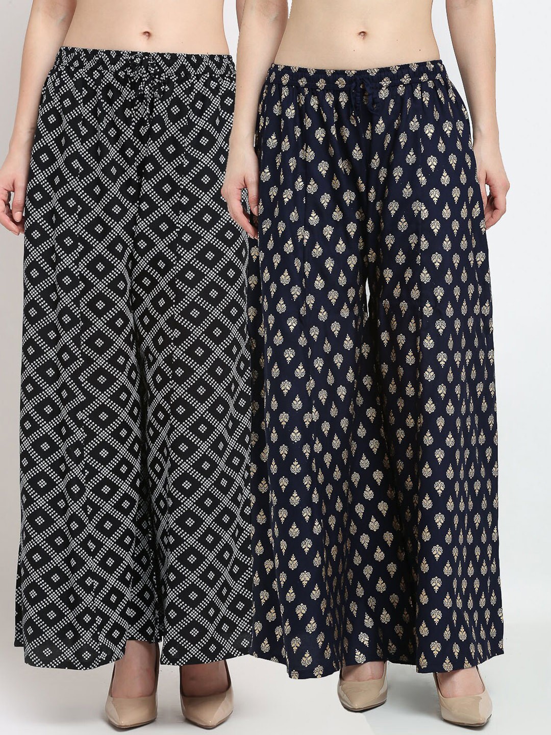 

GRACIT Women Pack of 2 Black & Navy Blue Ethnic Motifs Printed Knitted Ethnic Palazzos