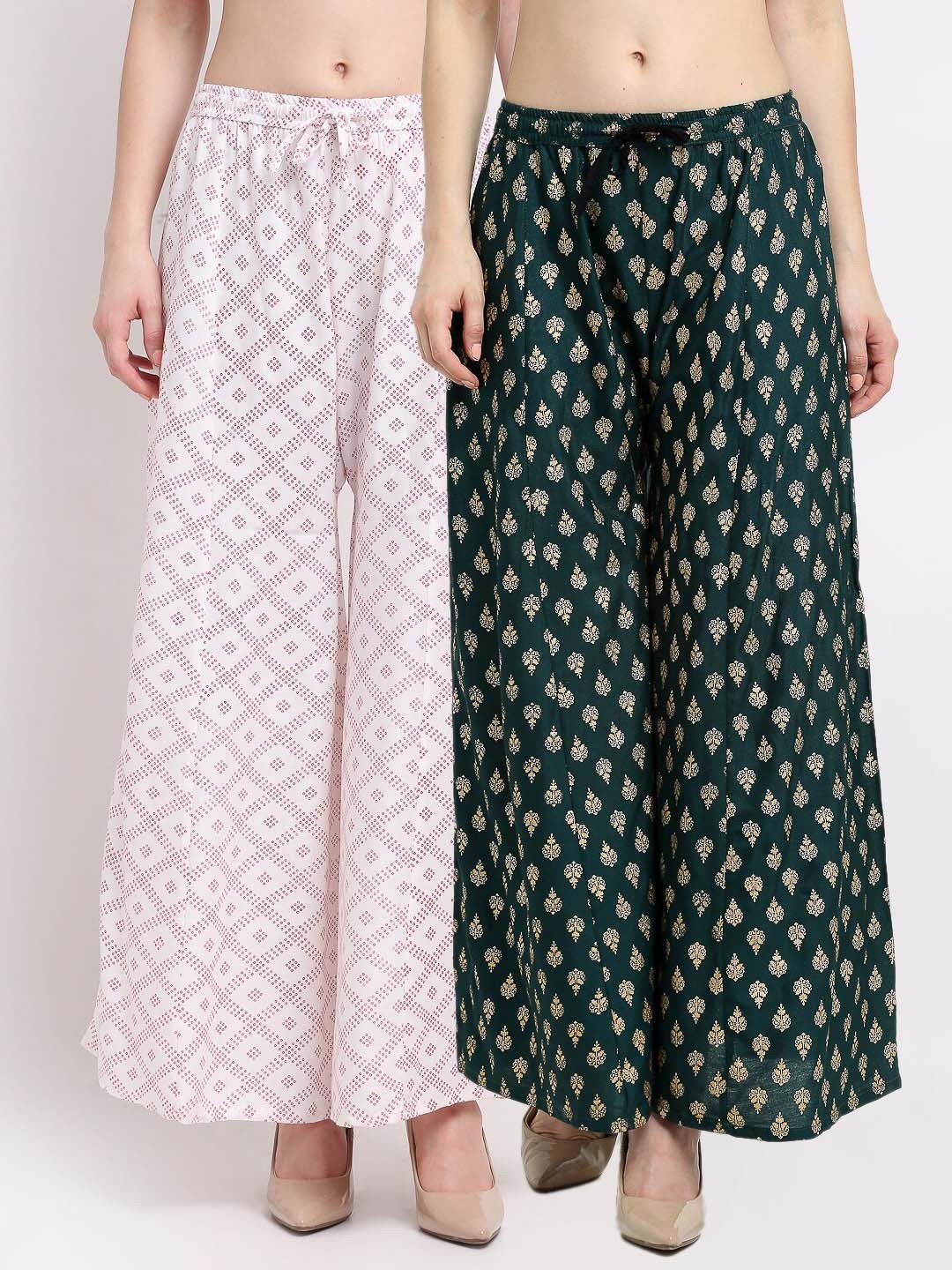 

GRACIT Women Pack of 2 White & Green Ethnic Motifs Printed Knitted Palazzos