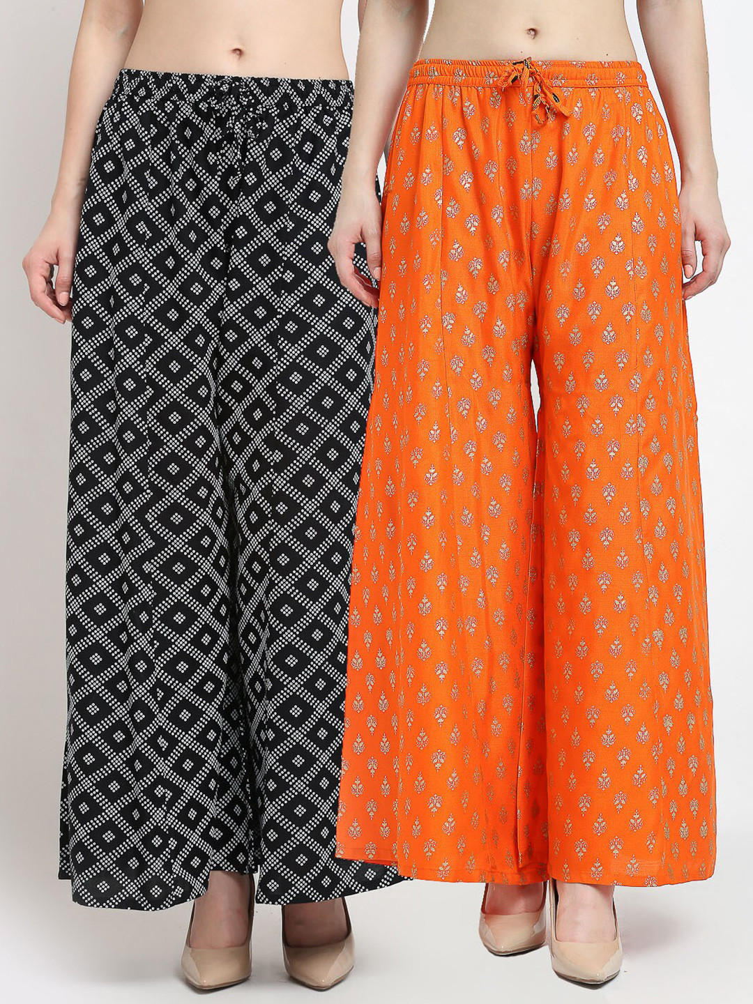 

GRACIT Women Black & Orange 2 Printed Flared Knitted Ethnic Palazzos