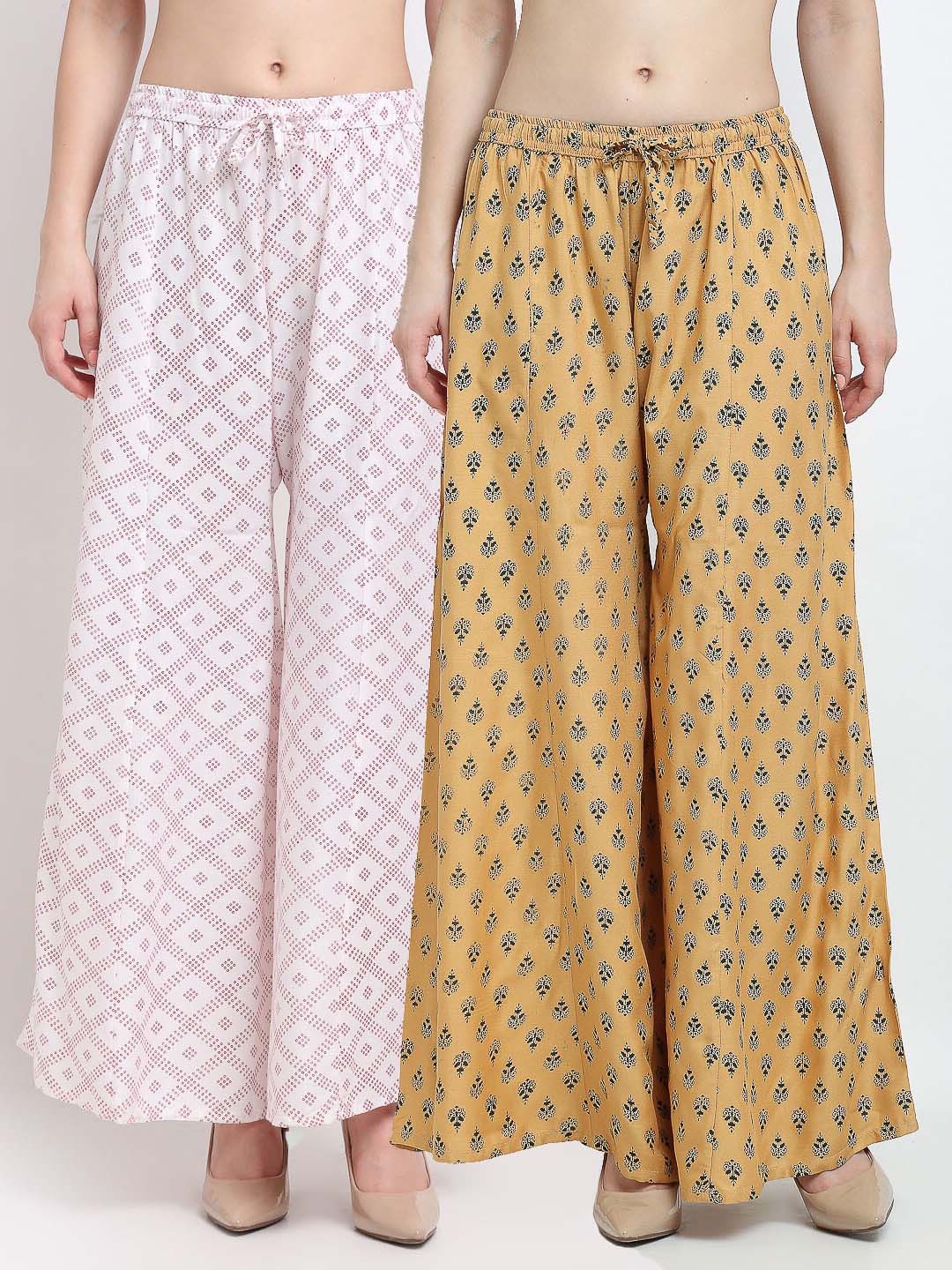 

GRACIT Women Pack of 2 White & Beige Ethnic Motifs Printed Knitted Ethnic Palazzos
