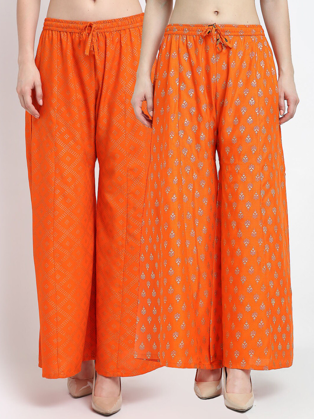 

GRACIT Women Orange & Gold-Toned 2 Printed Flared Knitted Ethnic Palazzos