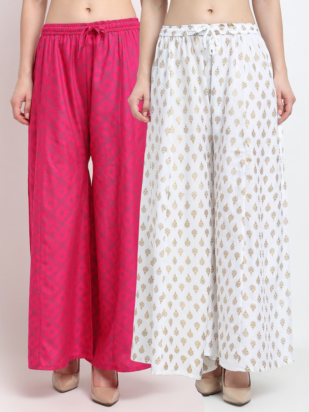 

GRACIT Women Pink & White 2 Printed Flared Knitted Ethnic Palazzos