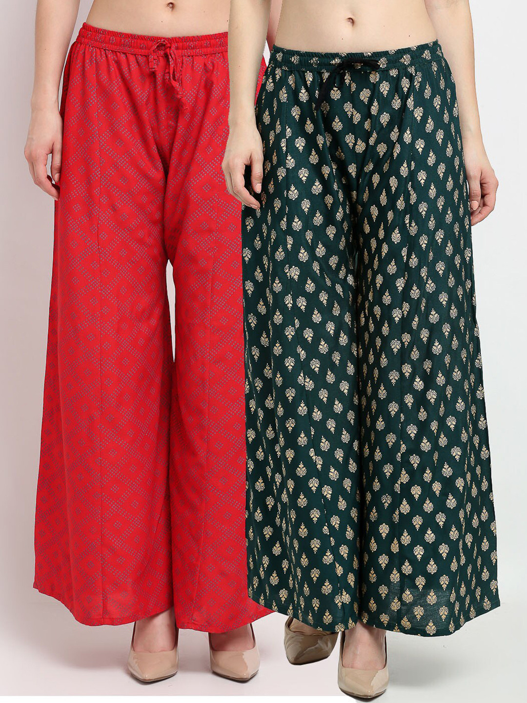 

GRACIT Women Pack of 2 Red & Green Ethnic Motifs Printed Knitted Ethnic Palazzos