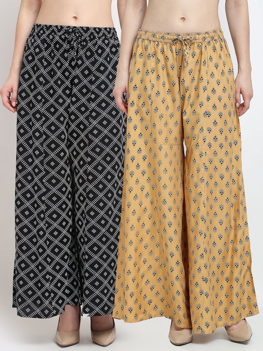 

GRACIT Women Black & Beige 2 Printed Knitted Palazzos