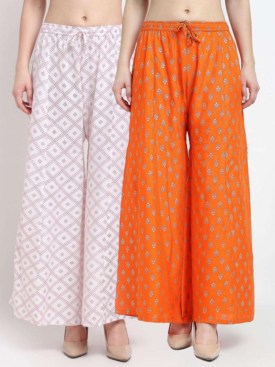 

GRACIT Women Pack of 2 White & Orange Ethnic Motifs Printed Knitted Ethnic Palazzos