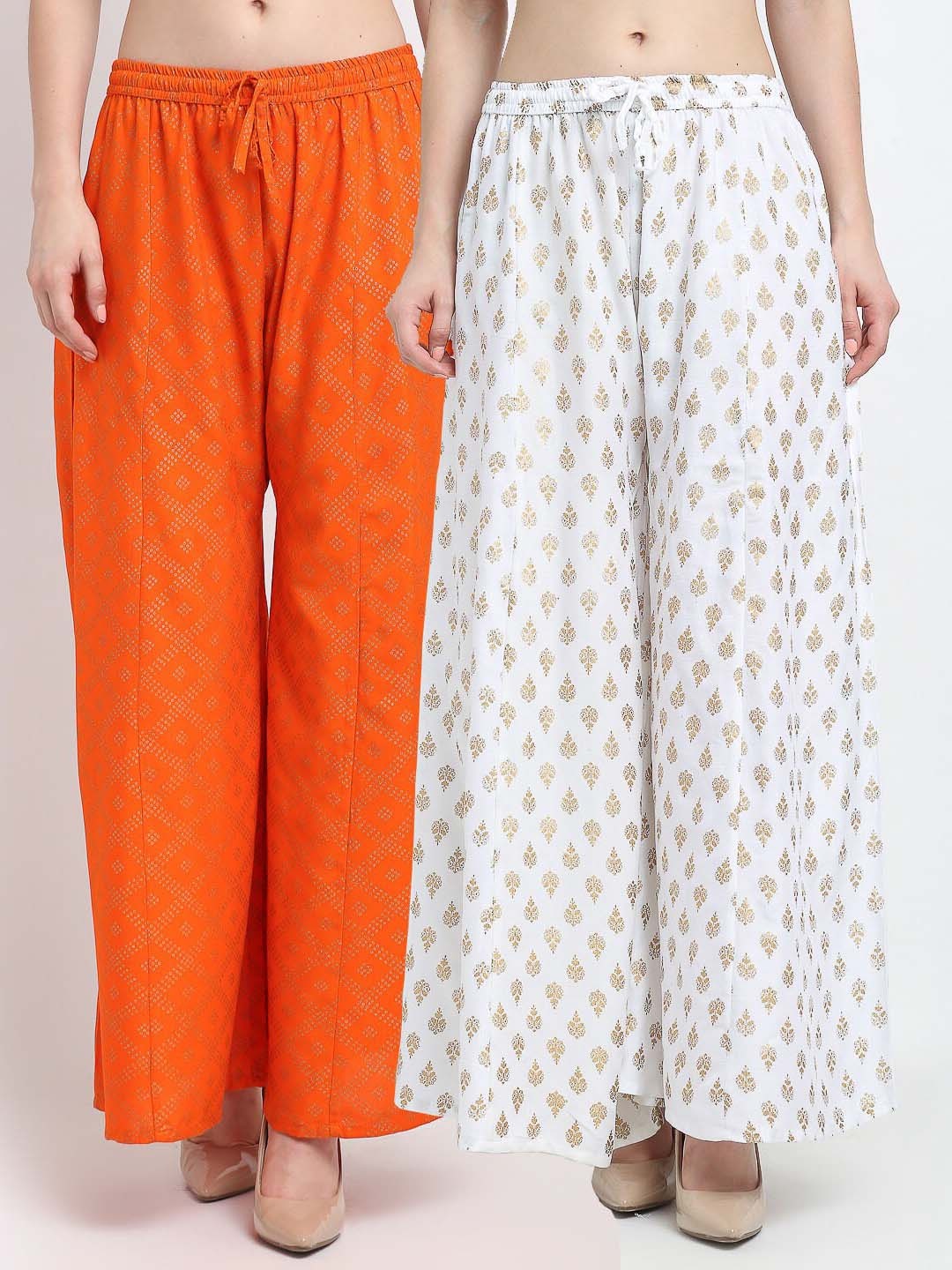 

GRACIT Women Pack of 2 Orange & White Ethnic Motifs Printed Knitted Palazzos
